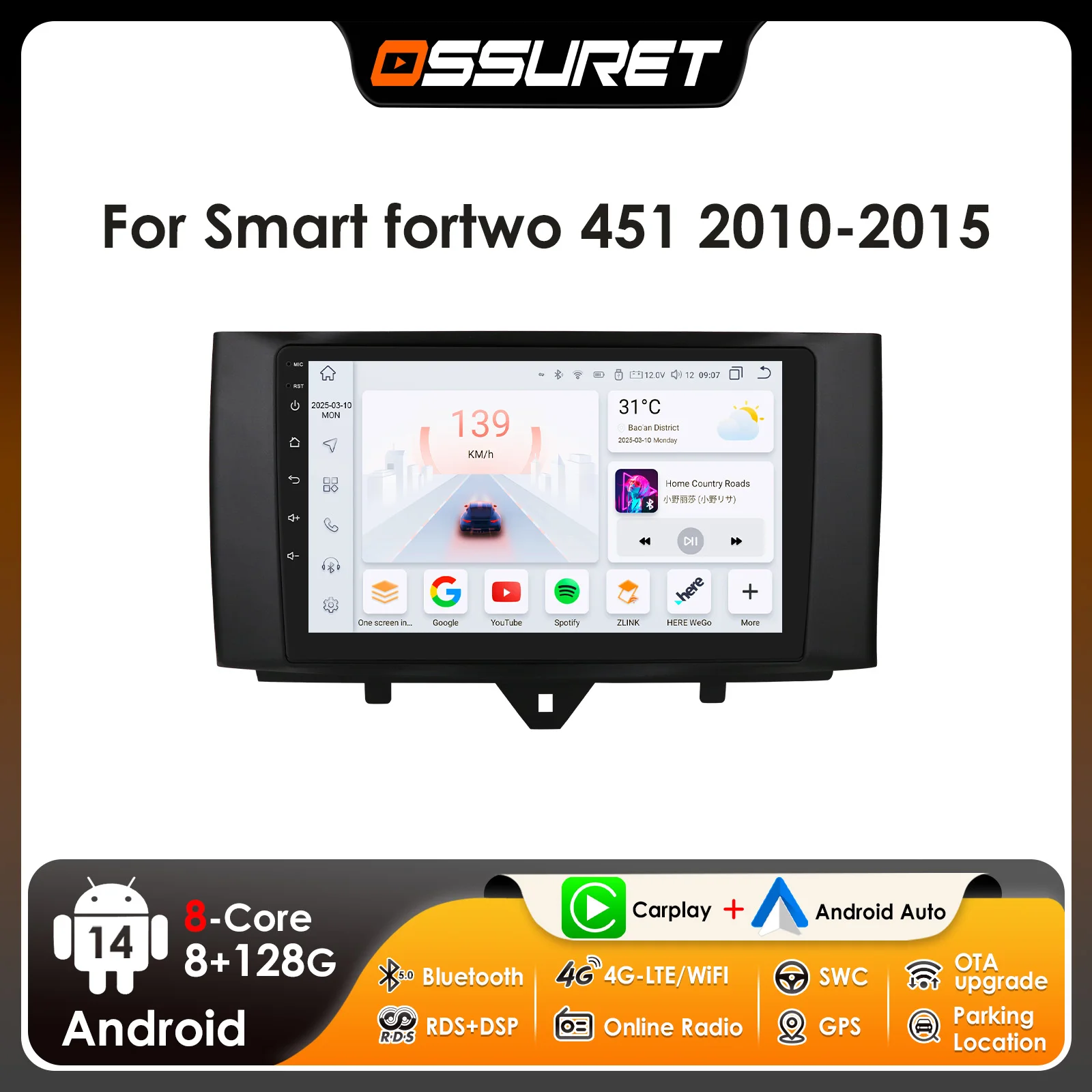 9 "ossuret android13 auto raido für mercedes benz smart fortwo 451 2010-2015 multimedia carplay stereo auto gps dsp rds 4g swc Image