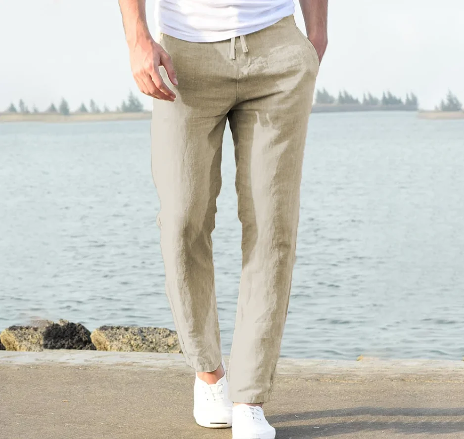 Herren-Hosen aus Baumwolle und Leinen, neuer Herbststil für Herren, atmungsaktiv, bequem, einfach, einfarbige Leinen-Fitness-Streetwear 5XL Image