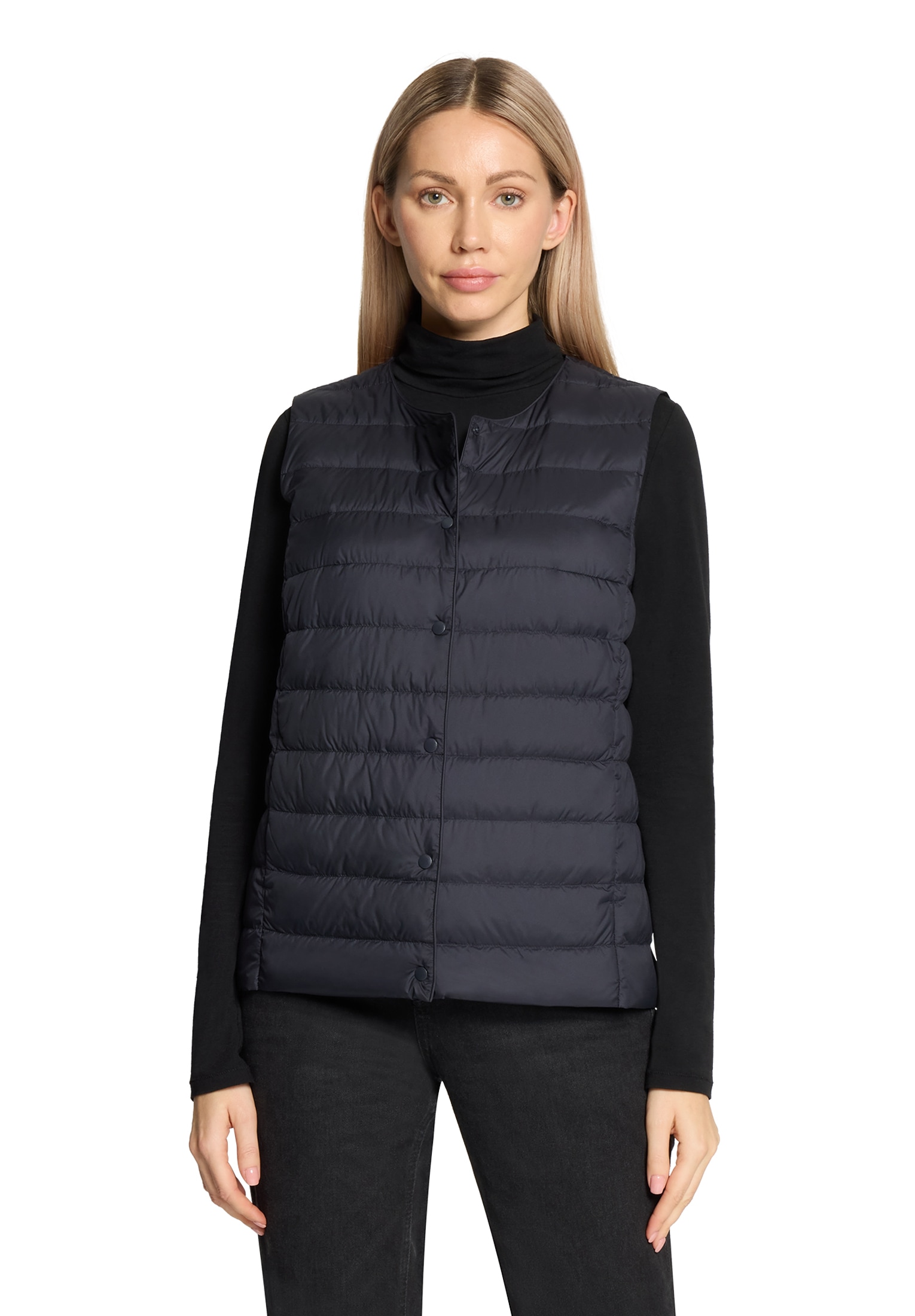 Daunenweste BETTY BARCLAY "Damen mit Rundhalsausschnitt", Damen, Gr. 40, dunkelblau, Obermaterial: 100% Polyester; Füllung: 90% Daunen, 10% Federn, figurumspielend hüftlang, Rundhals, Westen Image