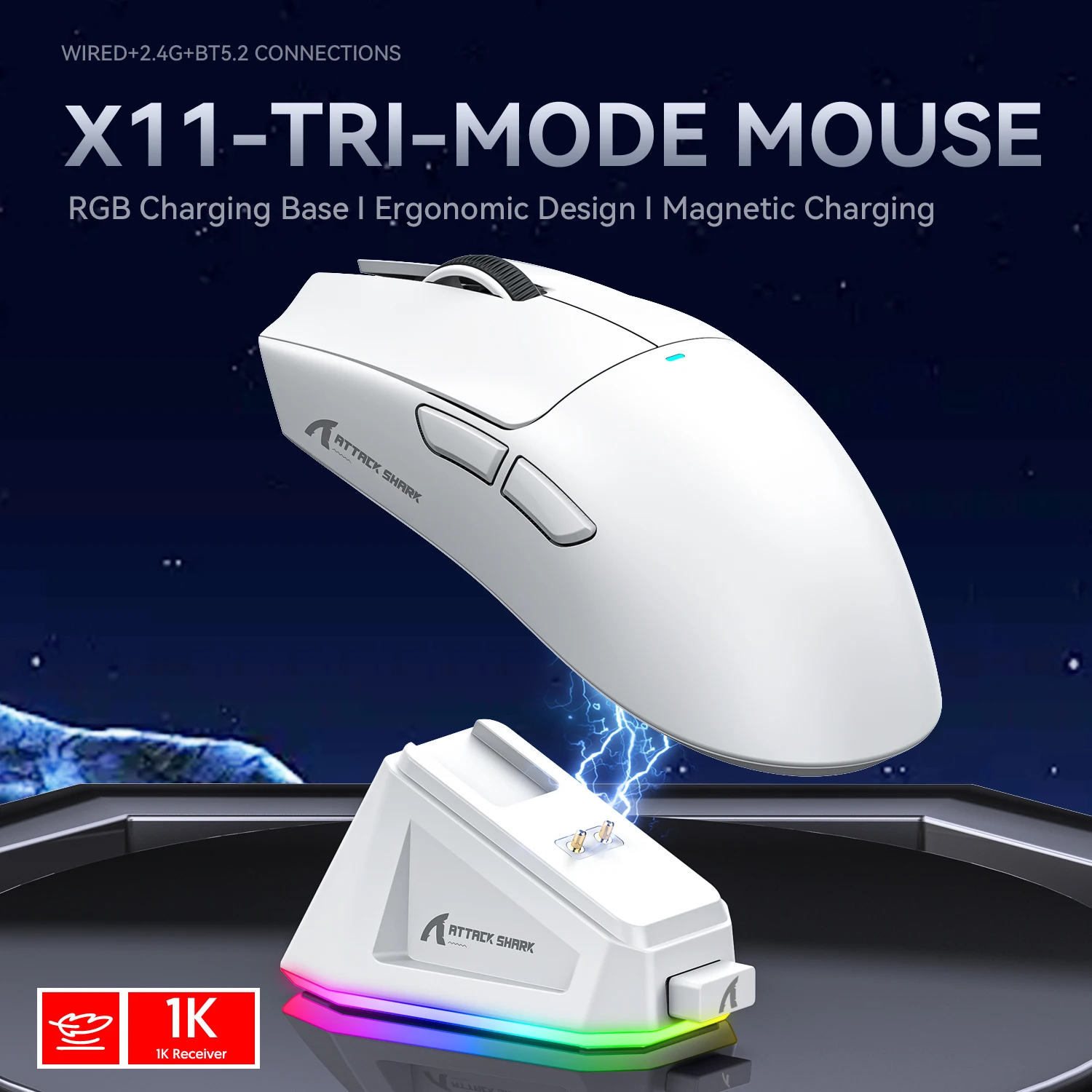 Attack Shark X11 Wireless Gaming Mouse: 3-Mode (2.4GHz/Wired/Bluetooth), PAW3311, 22000DPI, 400IPS, PC Gaming Mouse