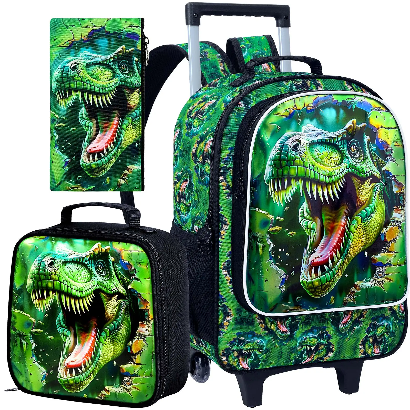 Sac à dos roulant dinosaure 3 pièces pour garçons, sacs à dos d'école pour enfants avec roulettes, sac à livres à roulettes pour l'école primaire (vert)