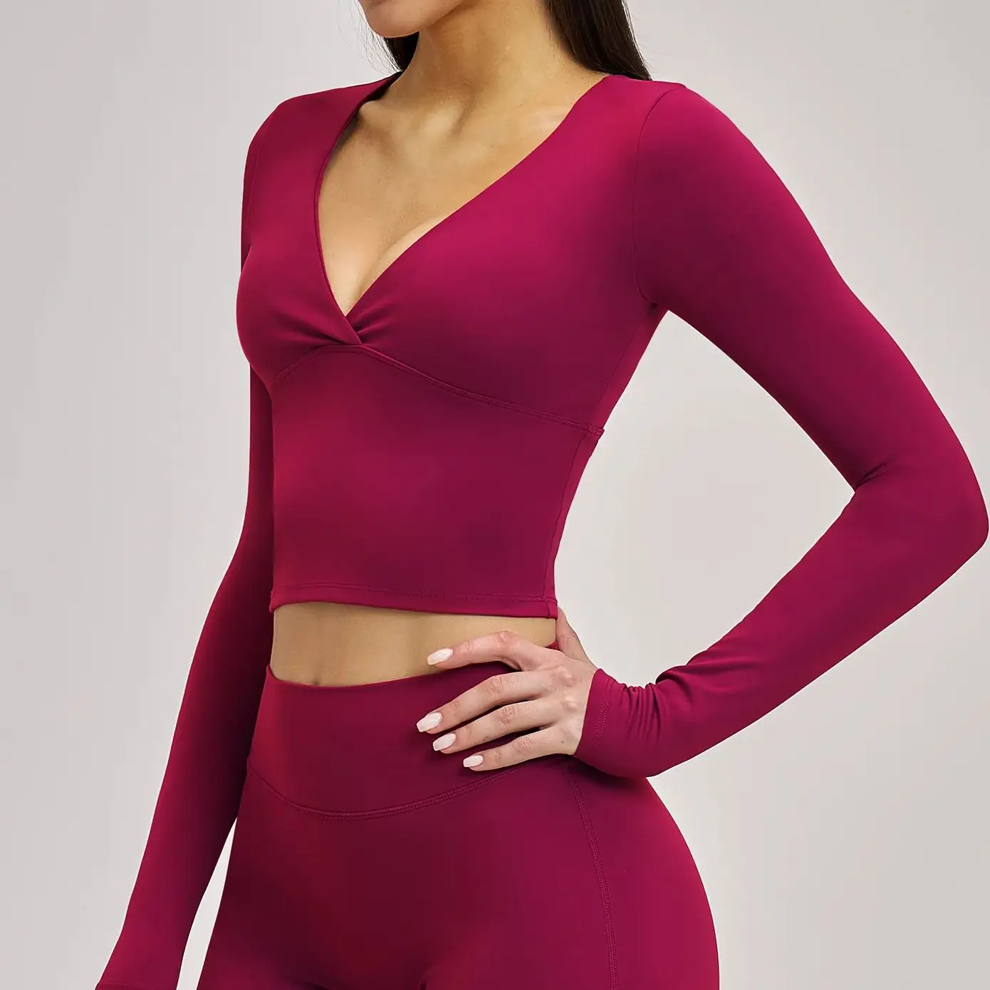 Ningyu Sexy Deep-V Yoga Shirts Solid Sports T-shirts Women's Gym Workout Shirts Quick Drying Fitness Long Sleeve Crop Top Female