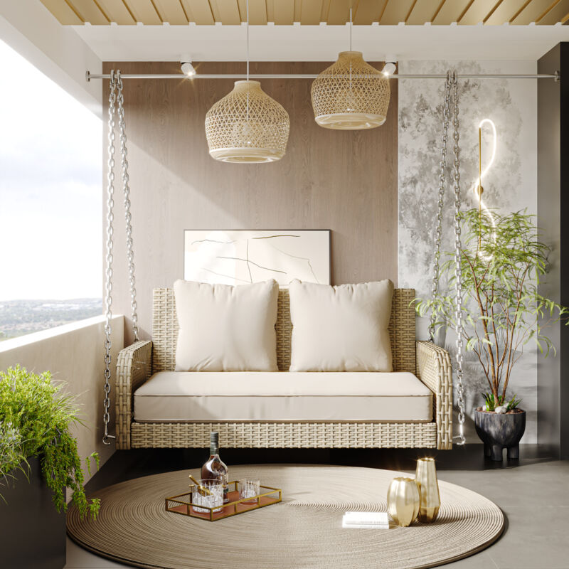 Altalena Hollywood, Altalena Da Giardino, Mobili Da Giardino Per Esterni, Rattan Beige, Cuscino Del Sedile Beige, 2 Posti, Con Cuscino Del Sedile E Cuscino Dello Schienale, Sfoderabile E Lavabile