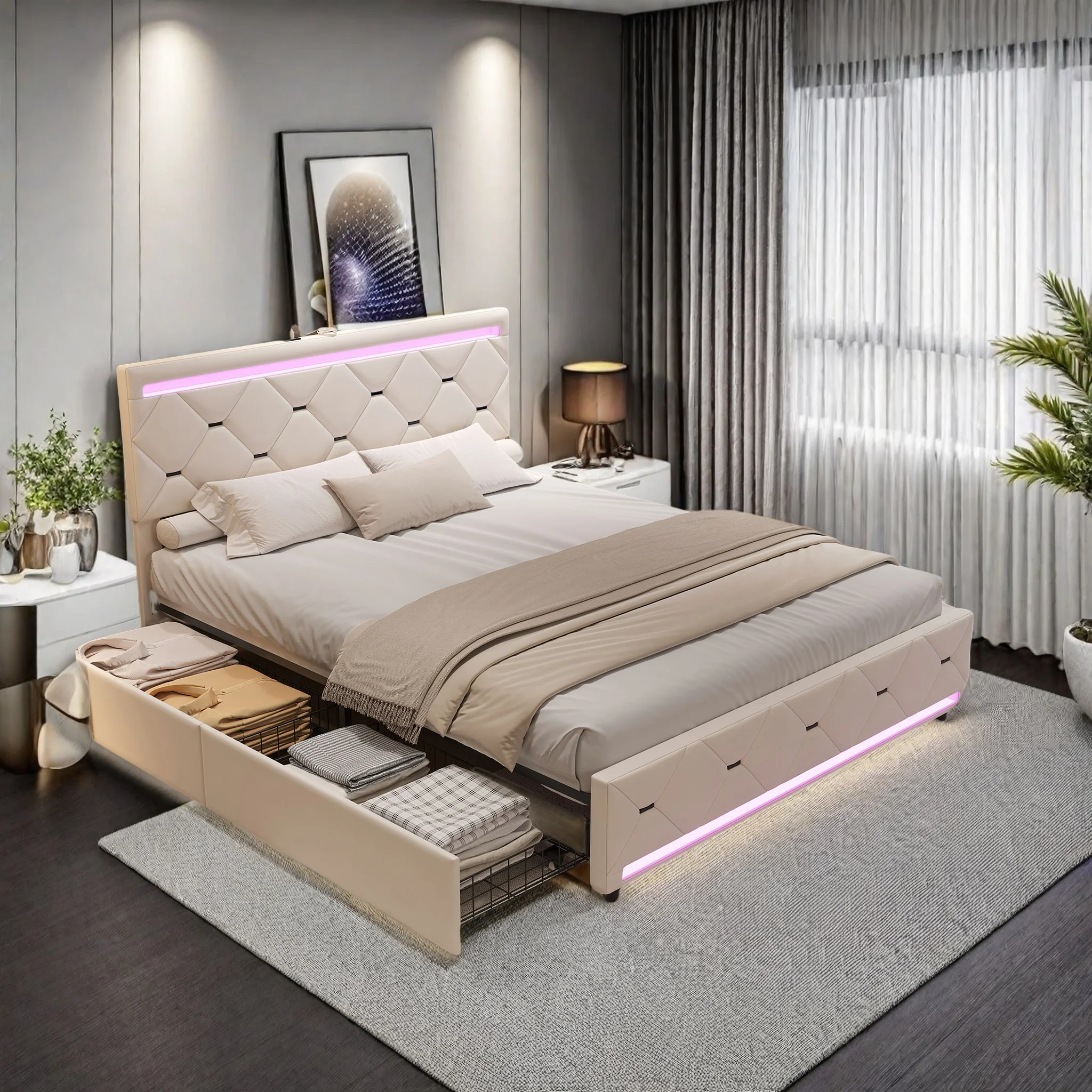 Doppelbett 140x190 LED-Polsterbett mit Kopf und 4 Schubladen, 1 USB-Anschluss und Typ C-Anschluss, verstellbarer gepflegter Kopf Image