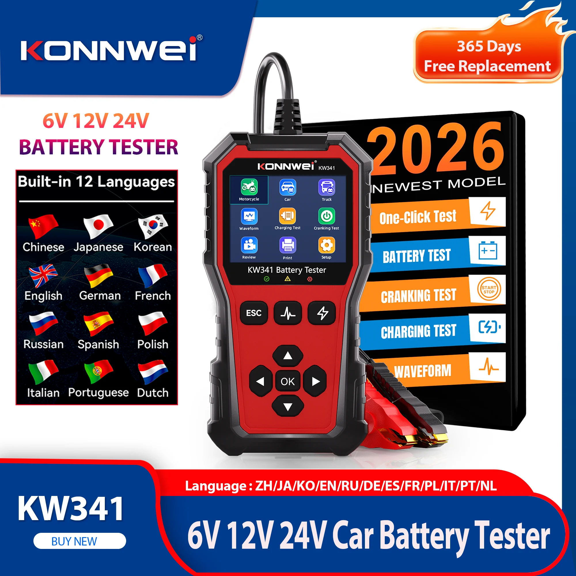 2026 KONNWEI KW341 Auto Moto Lkw Batterie Tester 6V12V 24V Fehler Daten Druck Start Spannung Test Auto Batterie lade Scan Werkzeug Image
