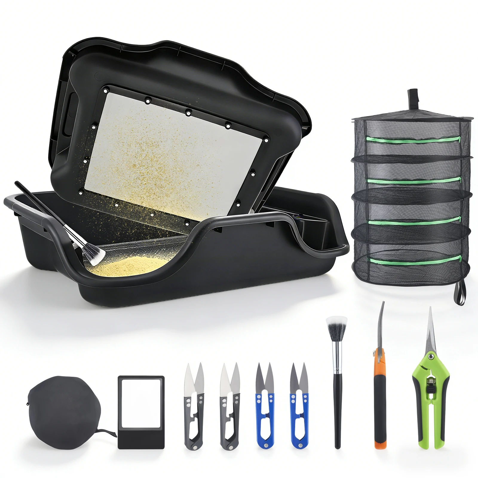 2-in-1 Trimm- und Sammelbehälter-Set für Knospen, Kräuter und Blüten mit 150 Mikron Feinmaschigem Trockensieb und Pollensieb Image