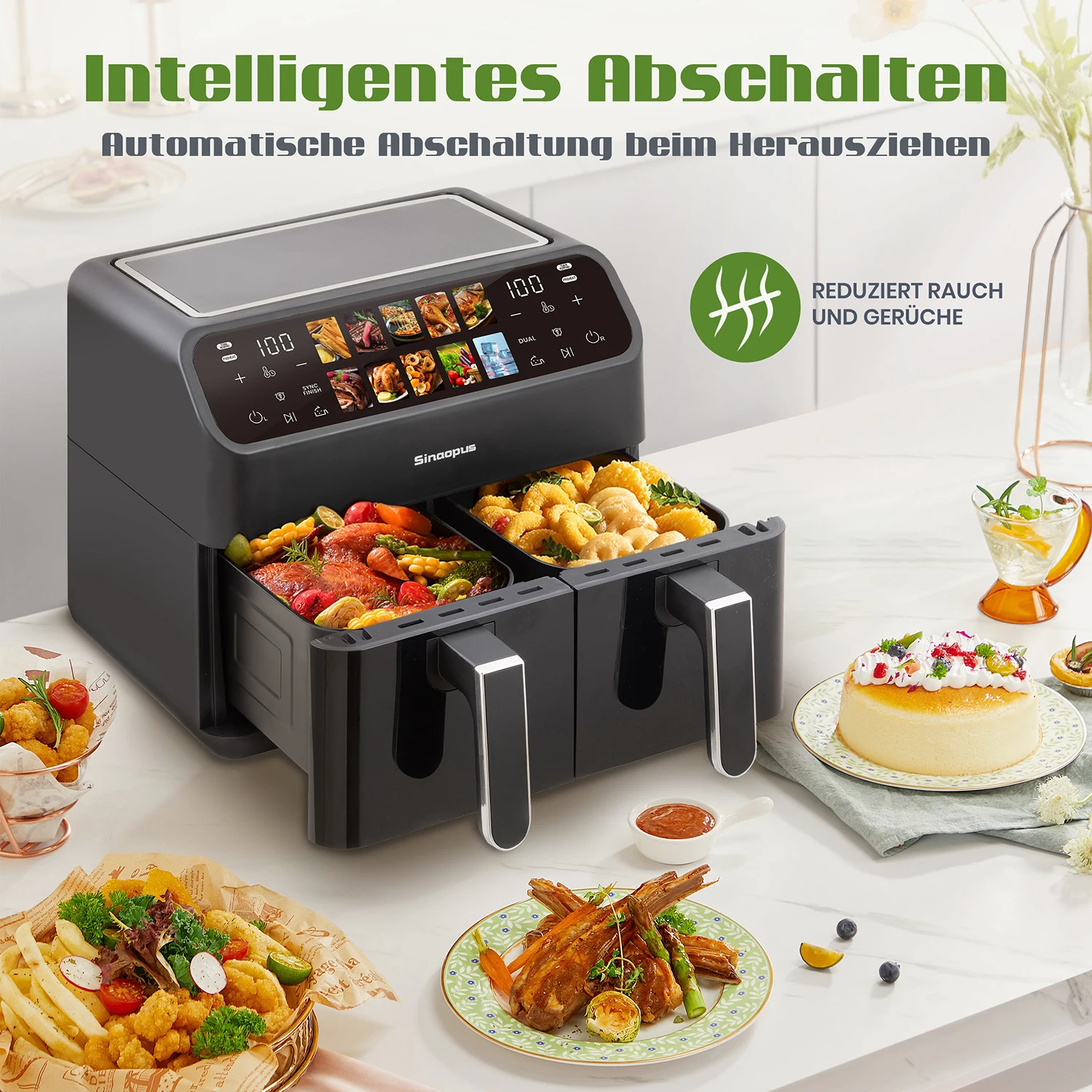 9L Heißluftfritteuse mit Doppelkorb, Ölfreier Ofen mit LED-Touch-Steuerung, Sichtfenster, 10-in-1 Multifunktion, Familien-Smart-Heißluftfritteuse Image