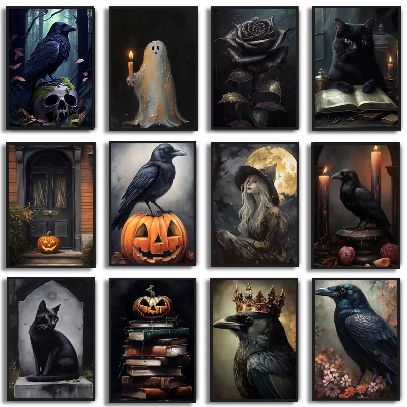 Dark Academia Rose Gothic Schwarze Katze Krähe Hexe Geist Halloween Kürbis Wand Kunst Leinwand Malerei Poster Drucken Wohnzimmer Dekor