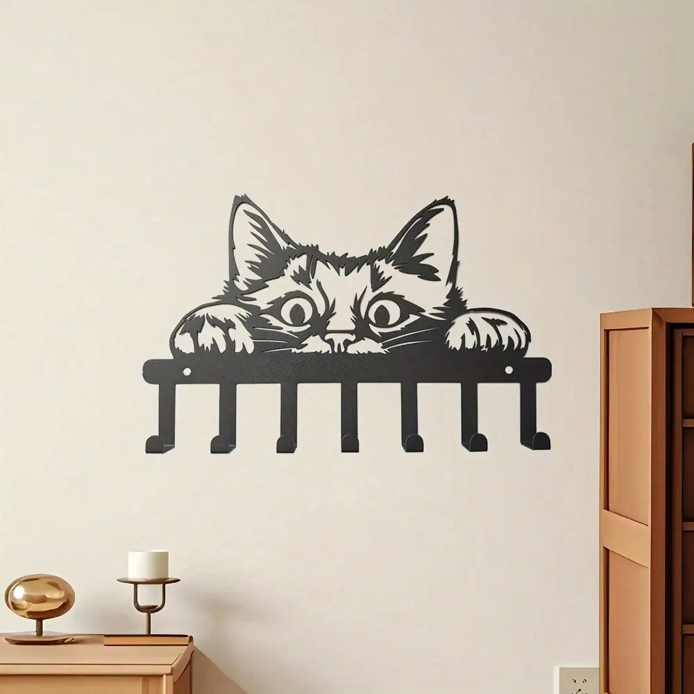Vintage Rostfreier Metall-Katzen-Schlüsselhalter Wandmontage Eingangsbereich-Organizer mit Haken Image