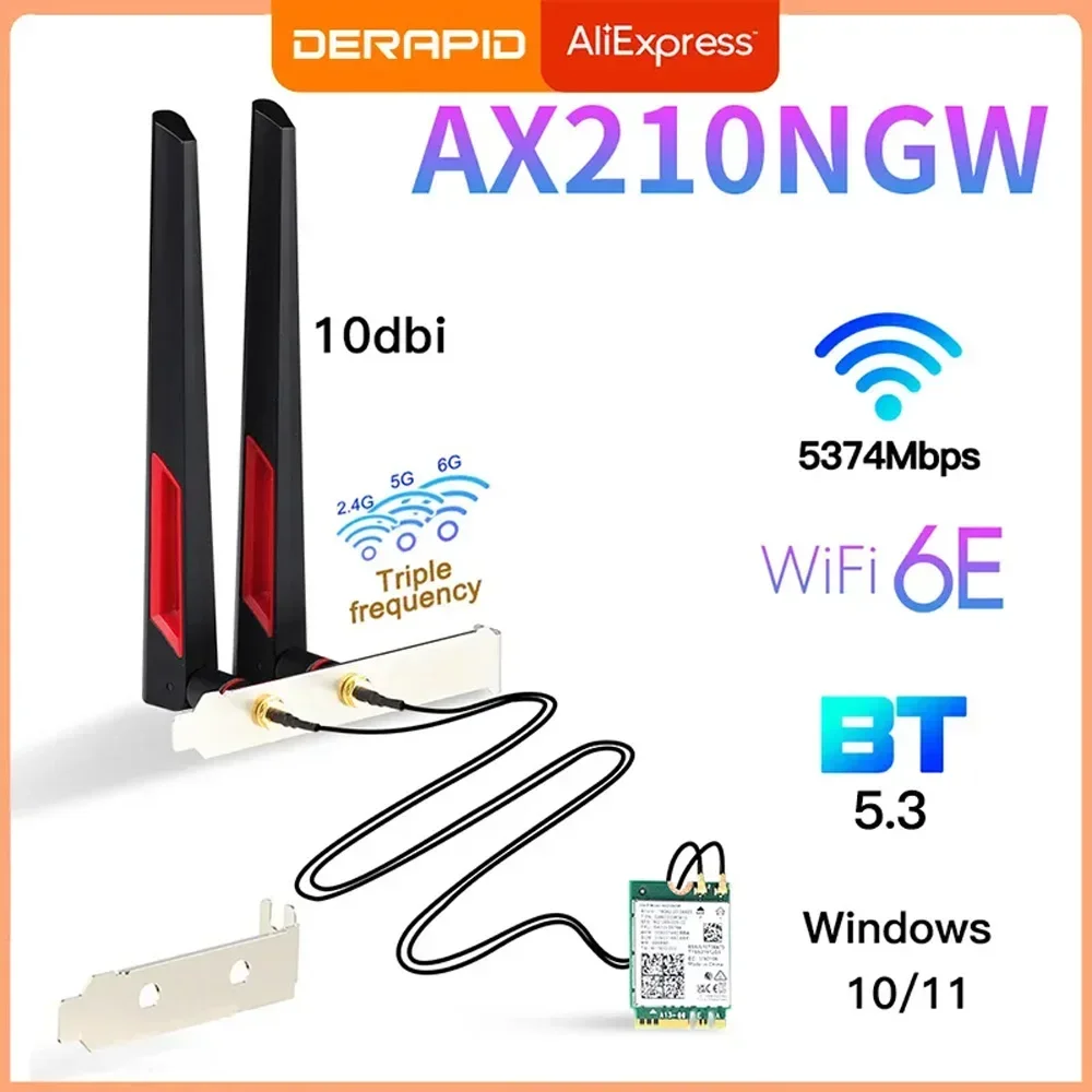 Wi-Fi 6e ax210ngw Funk karte 5374 MBit/5,3 Desktop-Kit Antenne 802.11ax Tri-Band 802,11g/5GHz/6g Ax210ngw als Wifi6 Ax200 Image
