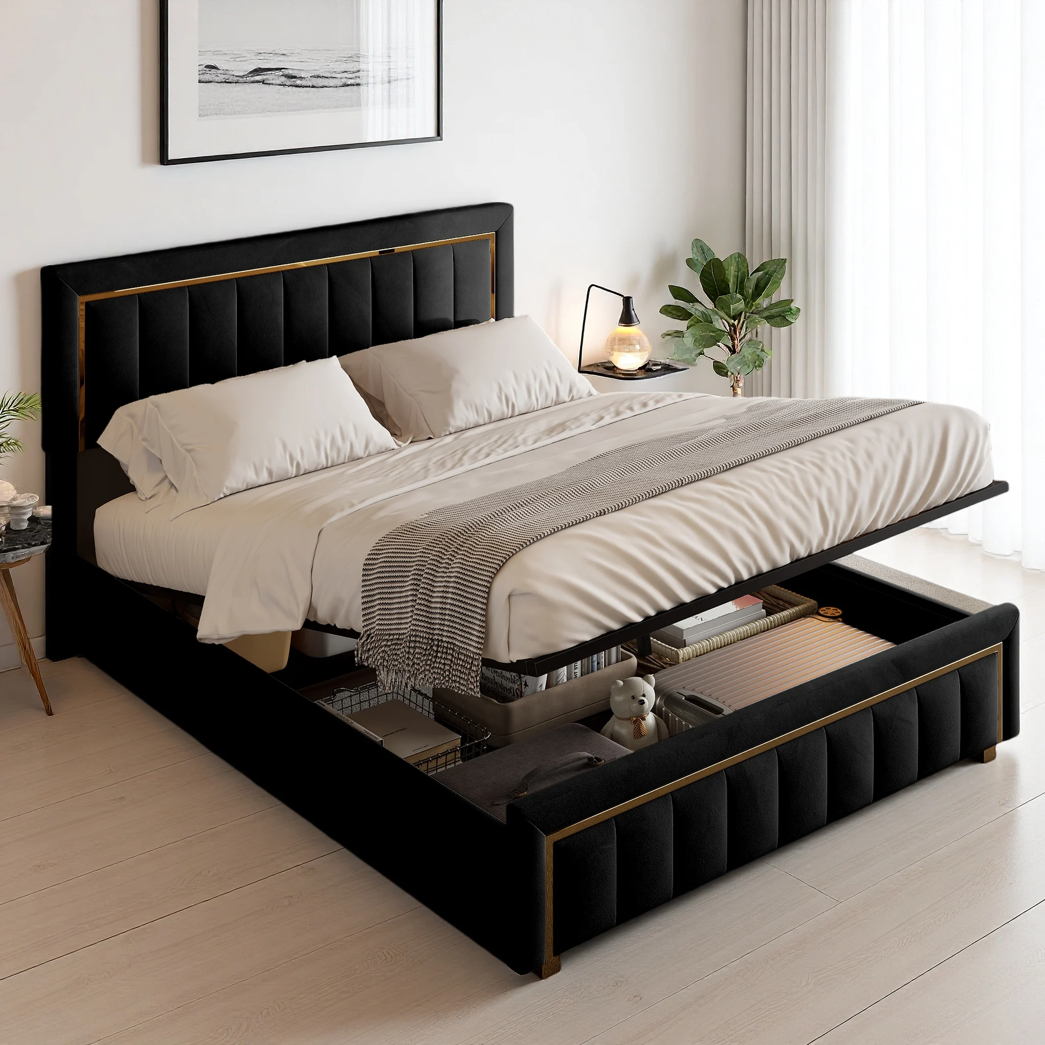 Superaly Polsterbett 140/160x200cm, Doppelbett mit Stauraum, Hydraulisches Bett, Kopfteil mit Goldkante, Samt, Schwarz Image