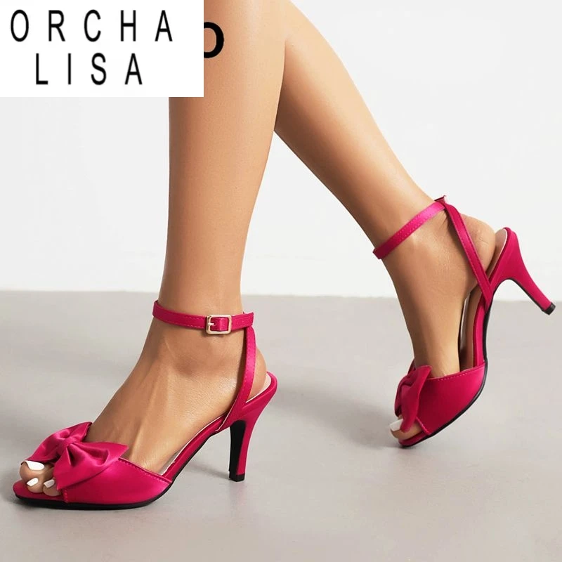 ORCHA LISA 2025 Sexy Frauen Sandalen Peep Toe Dünne Fersen 9 cm Schnalle Schmetterling Knoten Plus Größe 46 47 48 mode Dating Schuhe
