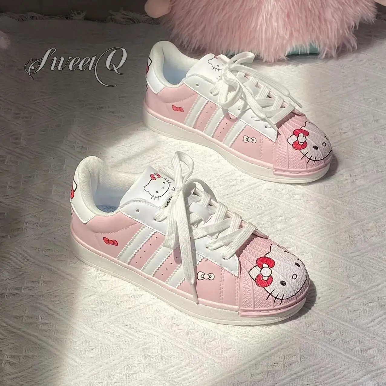 Hello Kitty Freizeitschuhe, Turnschuhe, PU-Leder, bedruckt, Frühlingsschuhe, Shell-Toe-Schuhe für Mädchen, dicker Boden, rutschfeste rosa Schuhe, Größe 35–40