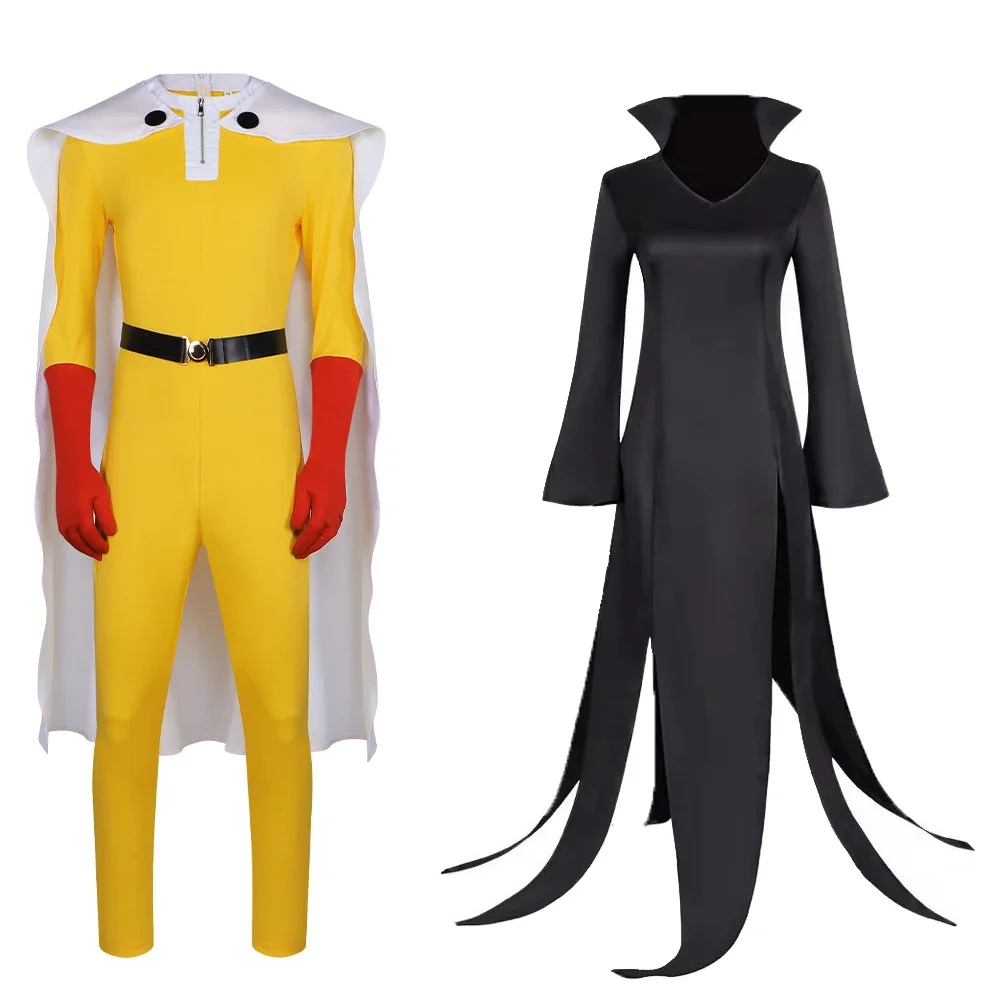 Saitama MAN Cosplay Jumpsuit und Tornado of Terror Senritsu No Tatsumaki Cosplay Kostüm Schwarzes Kleid Damen Herren Outfit Halloween