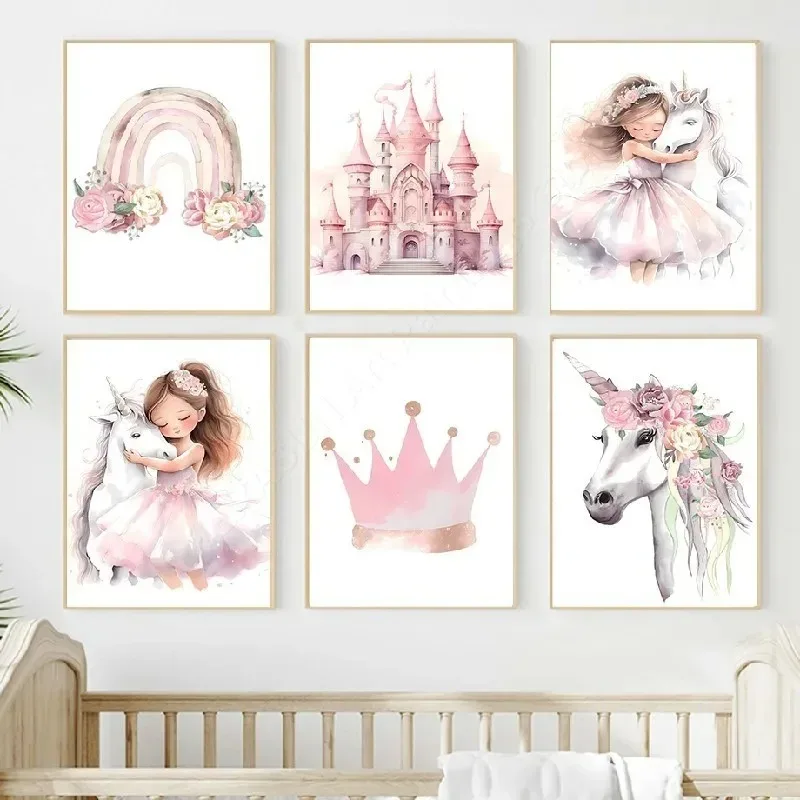 Rosa Prinzessin Regenbogen Einhorn Schloss Krone Benutzerdefinierte Name Wand Kunst Leinwand Malerei Poster & Druck Bilder Für Mädchen Kinder Zimmer Dekor Image