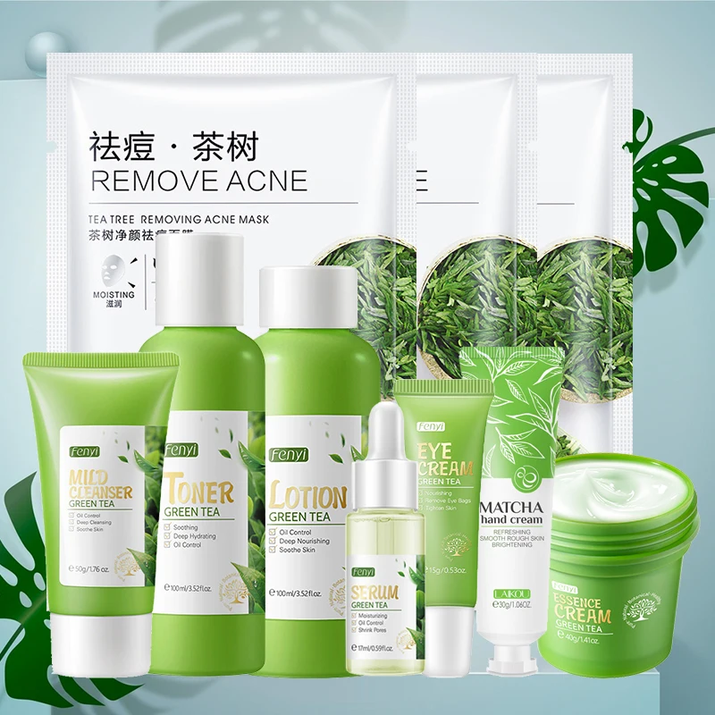 Gesichtspflege-Set Sakura / Grüner Tee Gesichtscreme Nährende Haut Gesichtsserum Glättende Augencreme Hautpflege Koreanische Kosmetik Image