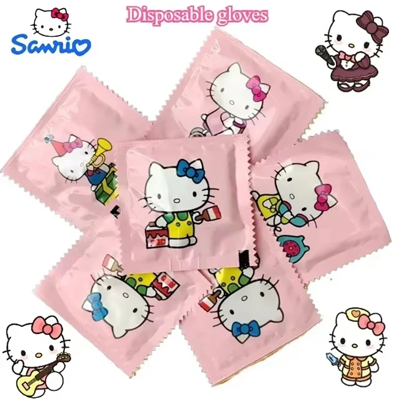 50 Paar Sanrio Hello Kitty Kawaii verdickte tragbare Einweghandschuhe mit Cartoon-Muster, unabhängige Verpackung, Großhandel
