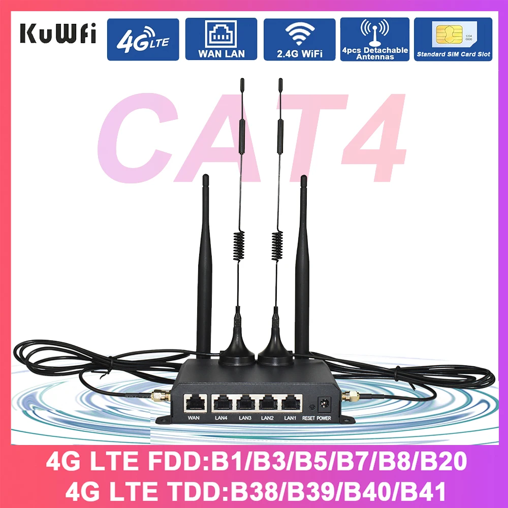 KuWFi CAT4 4G LTE Router 300 Mbit/s 2,4 GHz WLAN-Router 4x abnehmbare Antennen 4G-Modem mit WAN LAN-Ethernet-Port AP-Repeater-Modus Image