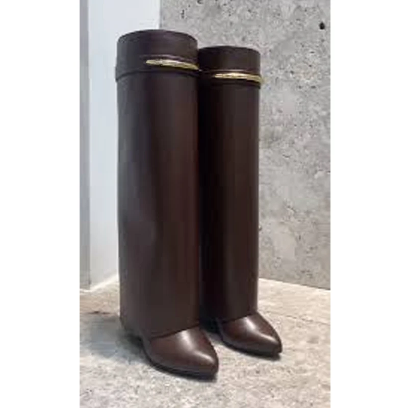 Spitze Stiefel mit Metallschnalle und Keilabsatz, Overknee-Stiefel für Damen, Winter 2026, Slip-On High Heel Langstiefel, Modische Party-Kleid-Stiefel