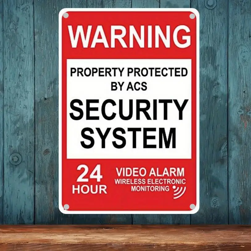 Warnschild aus Eisen im Stilvollen Design: „Eigentum durch ACS-Sicherheitssystem geschützt“ mit 24-Stunden-Videoalarmüberwachung, zur Wandmontage Image