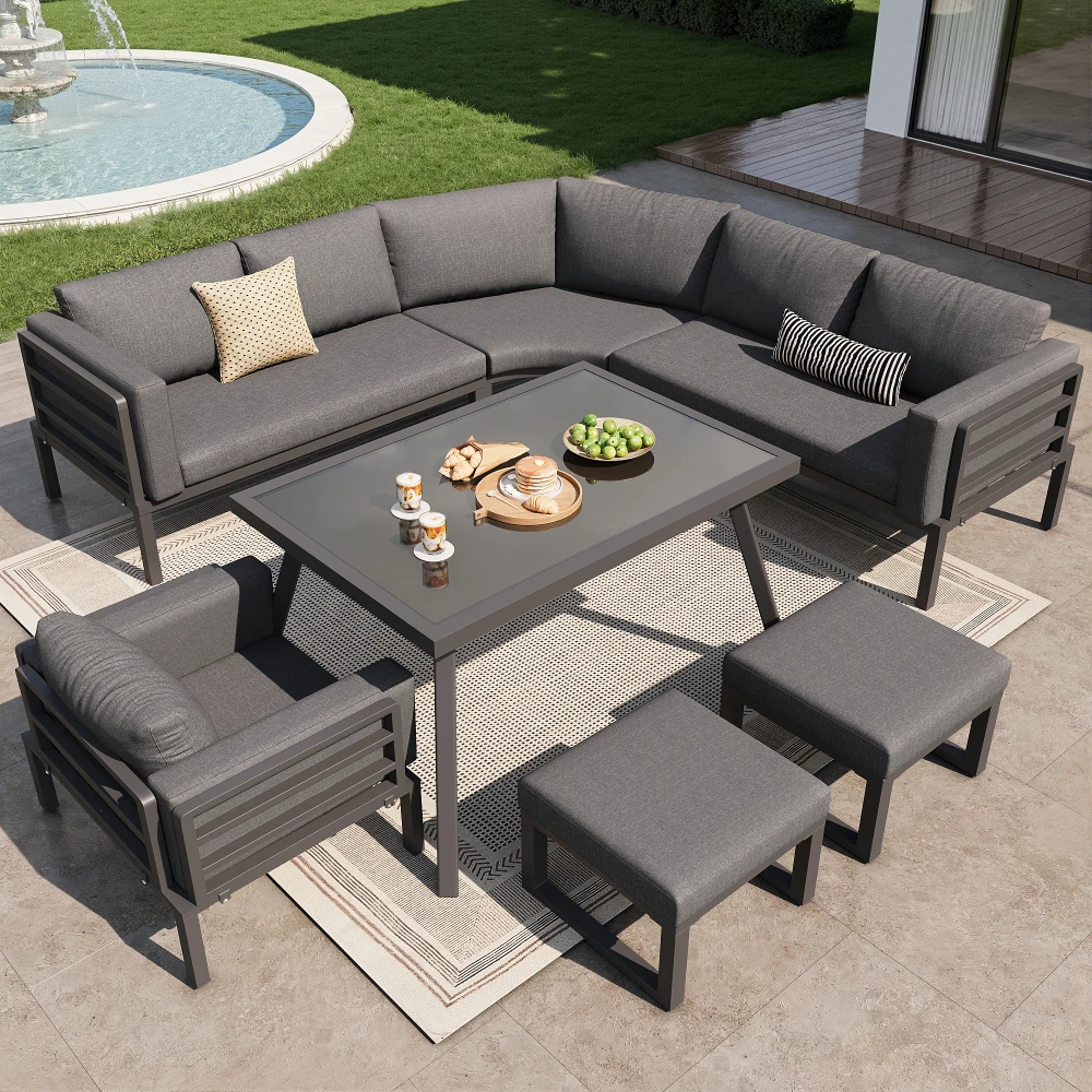Halbmondförmiges Garten-Sofa-Set für 8 Personen, Robuster Eisenrahmen mit Grauer Polsterung, mit Glastisch, 1 Sessel & 2 Hocker