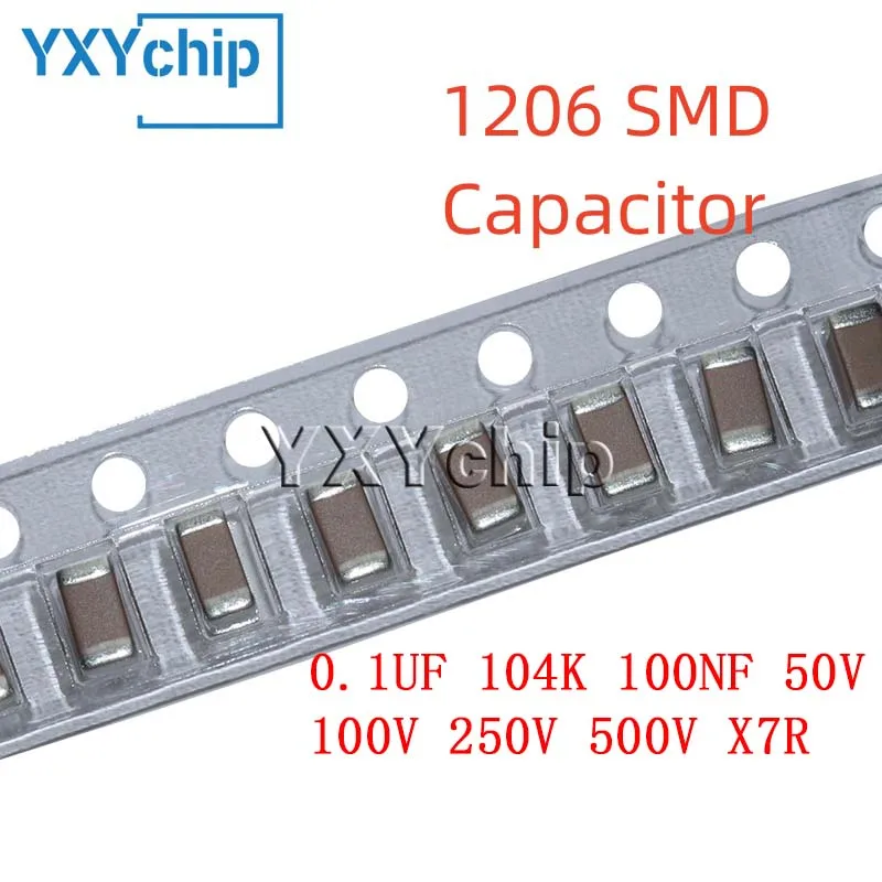 50 Stück 1206 0,1 UF 104 K 100 NF 50 V 100 V 250 V 500 V X7R 10 % SMD-Chip-Mehrschicht-Keramikkondensator Image