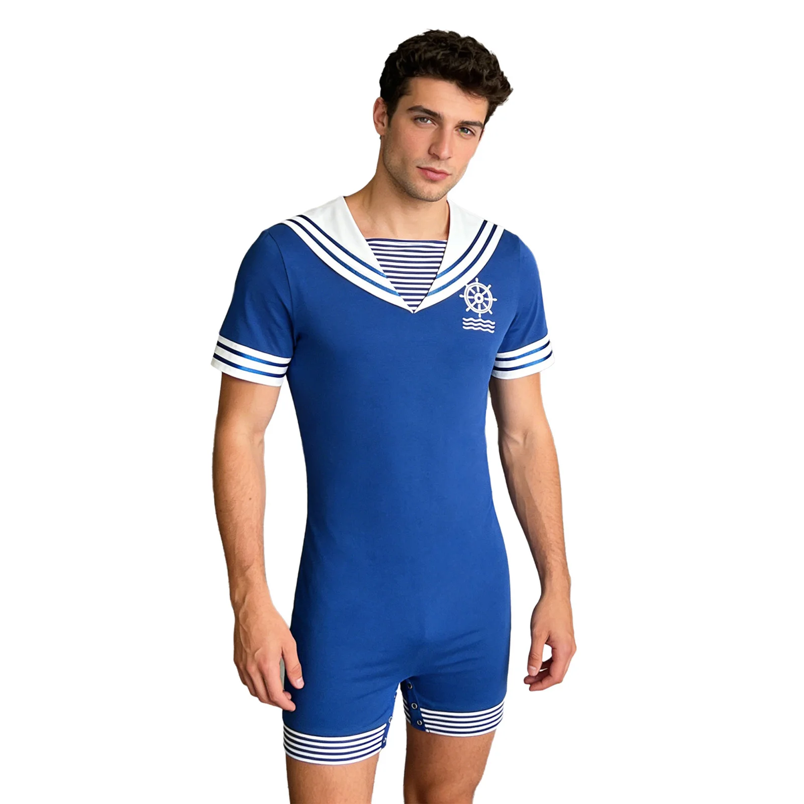 Herren-Pyjama-Bodysuit im Matrosenstil, marineblauer Kragen, kurze Ärmel, Knopfverschluss im Schritt, einteilige Loungewear zum Schlafen und für zu Hause Image