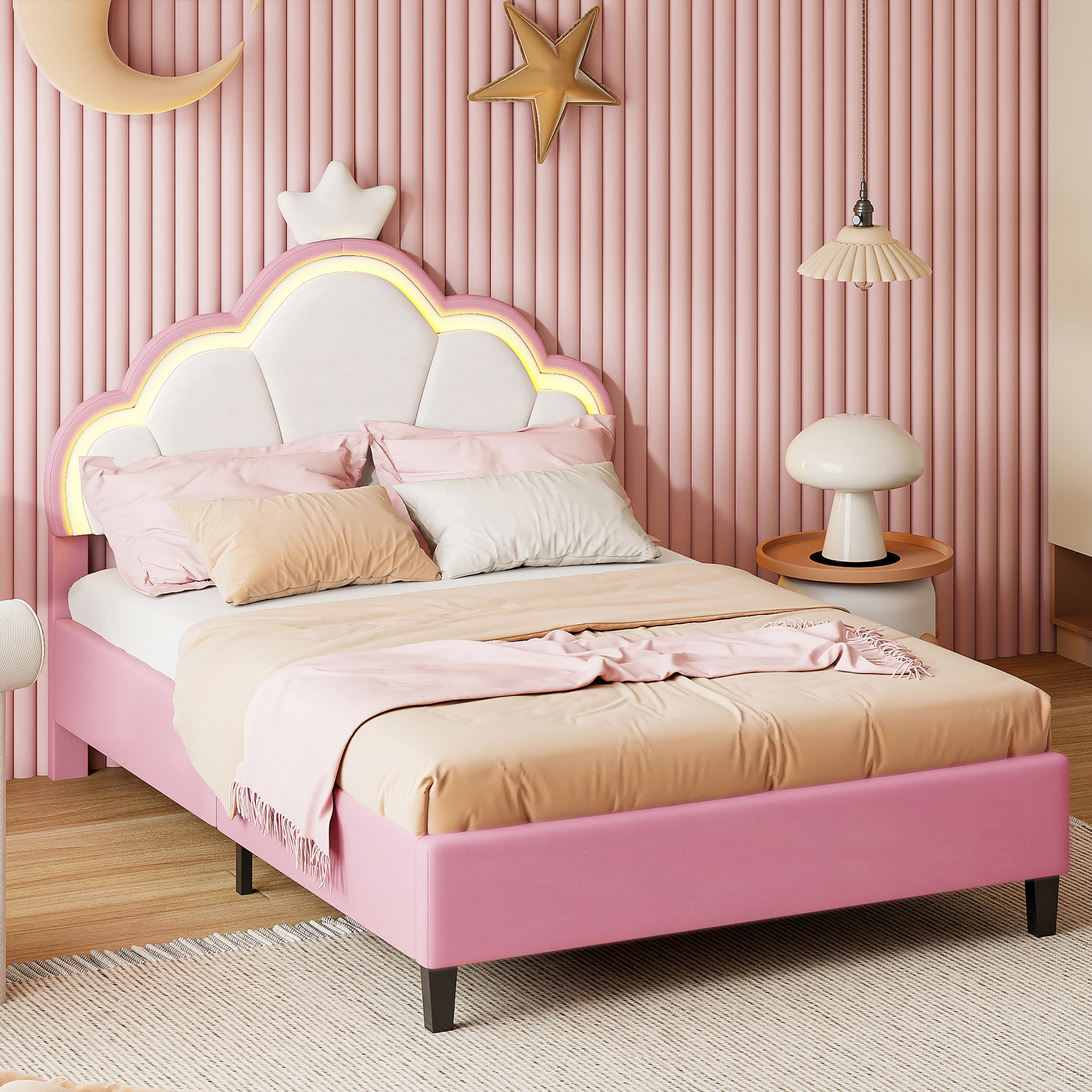 Rosahqnda Kinderbett, Mädchen Einzelbett, Doppelbett, Prinzessinnenbett in Kronenform,Verstellbares Kopfteil, Rosa Image