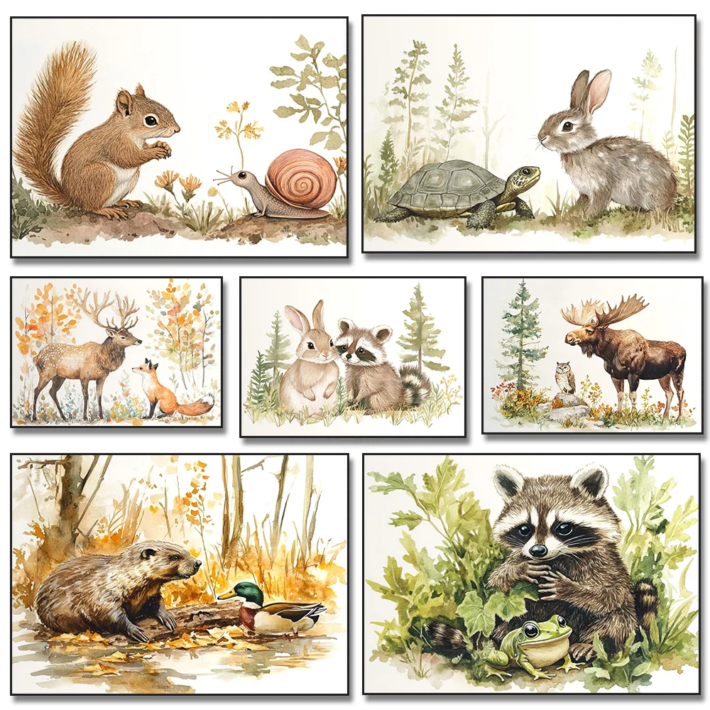 Wald Tier Kaninchen Schildkröte Eichhörnchen Cartoon Illustration Poster Drucke Leinwand Malerei Wand Kunst Bild Wohnzimmer Wohnkultur