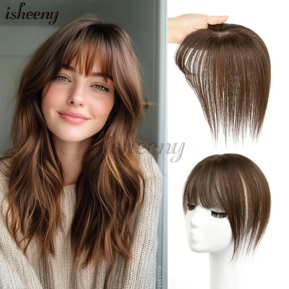isheeny Echthaar-Topper, 5 x 9 cm, atmungsaktives Haarnetz, Schwarz, Braun, Blond, natürliches, glattes Haarteil für Frauen Image