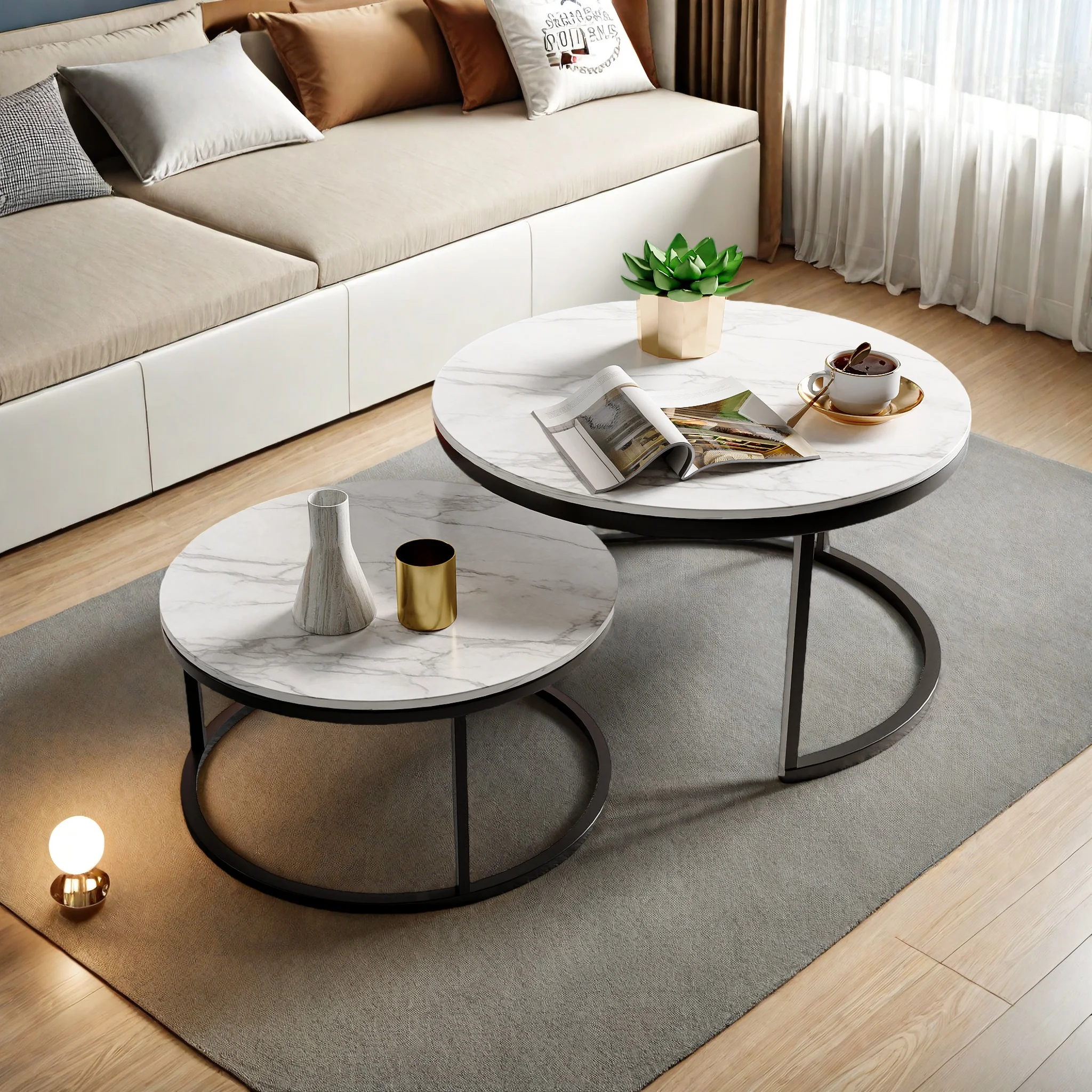 Superaly 2-teiliges rundes Couchtisch-Set (Durchmesser 80+60 cm), Beistelltisch mit Metallrahmen und Marmorfurnier, Couchtisch für das Wohnzimmer