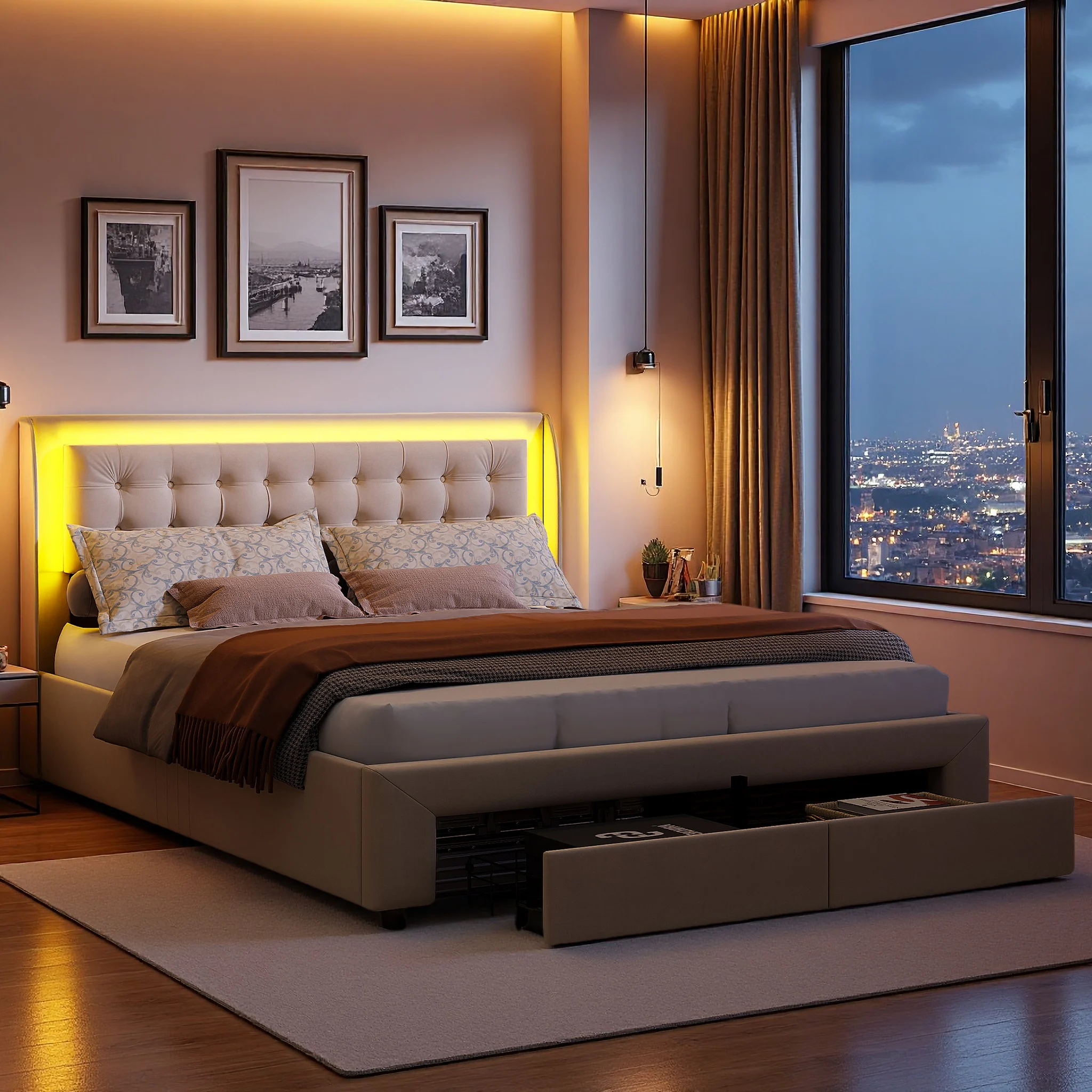 Superaly 180x200cm Polsterbett mit 2 Schubladen & LED-Kopfteil, Hydraulisches Bett, Doppelbett mit Bettkasten, Jugendbett, Samt, Beige