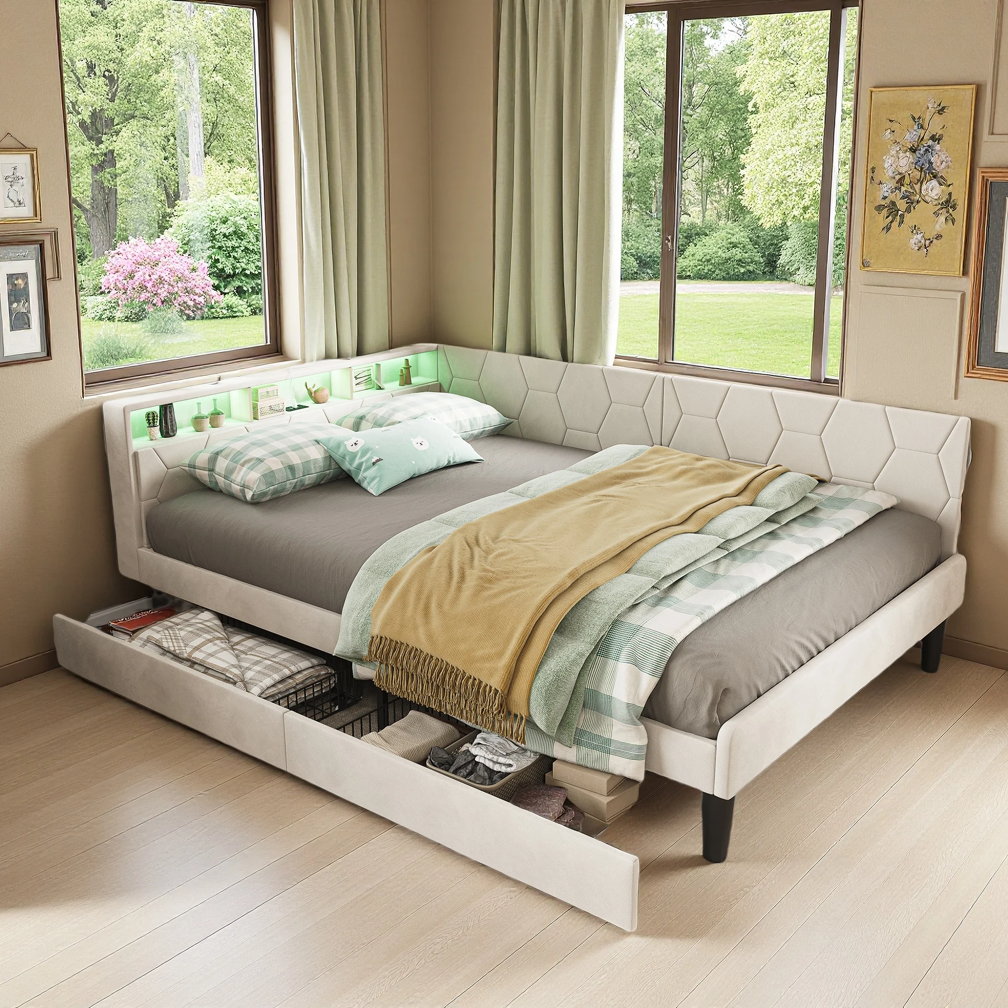 Gepolstertes Doppelbett, 140x200cm, mit 2 Stauraum-Schubladen, LED-Beleuchtung und USB/Typ-C-Anschluss; Schlafsofa, Matratze nicht enthalten, beige Image