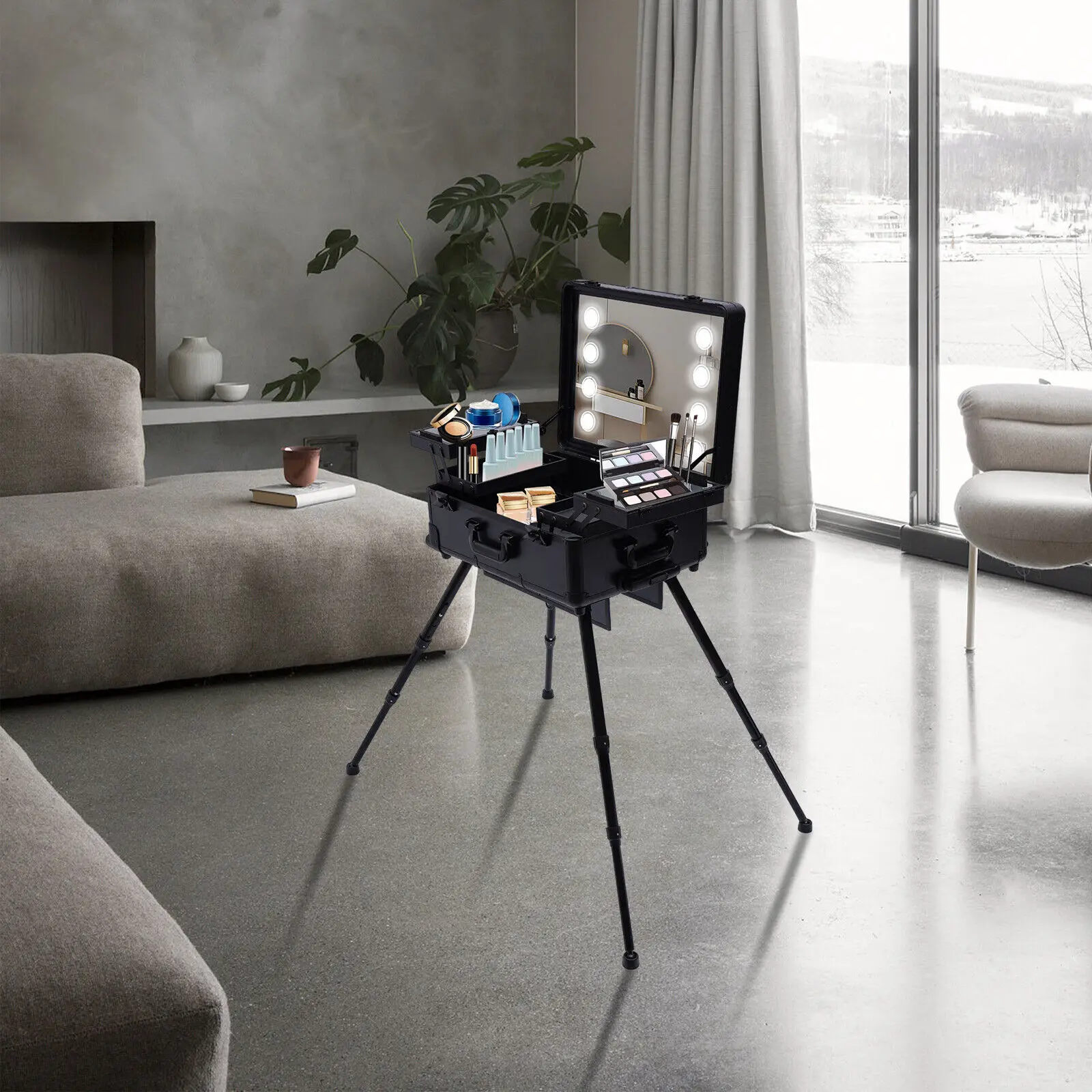 Professioneller Make-up-Koffer aus Aluminiumlegierung, 3-stöckig mit 8 LED-Spiegeln und 3-stufiger Beleuchtung, 50 kg Tragkraft, 4 Universalräder für Künstler/Friseure Image