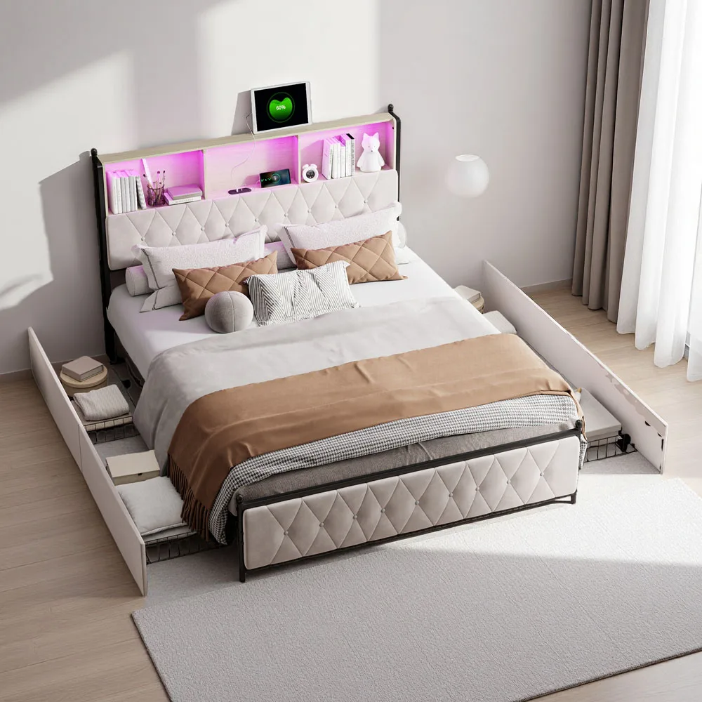 Comanlai Polsterbett mit 4 Schubladen, Stauraumbett, Kopfteil mit Stauraum, USB- und Typ-C-Ladefunktion, LED-Beleuchtung, Bettgestell Image