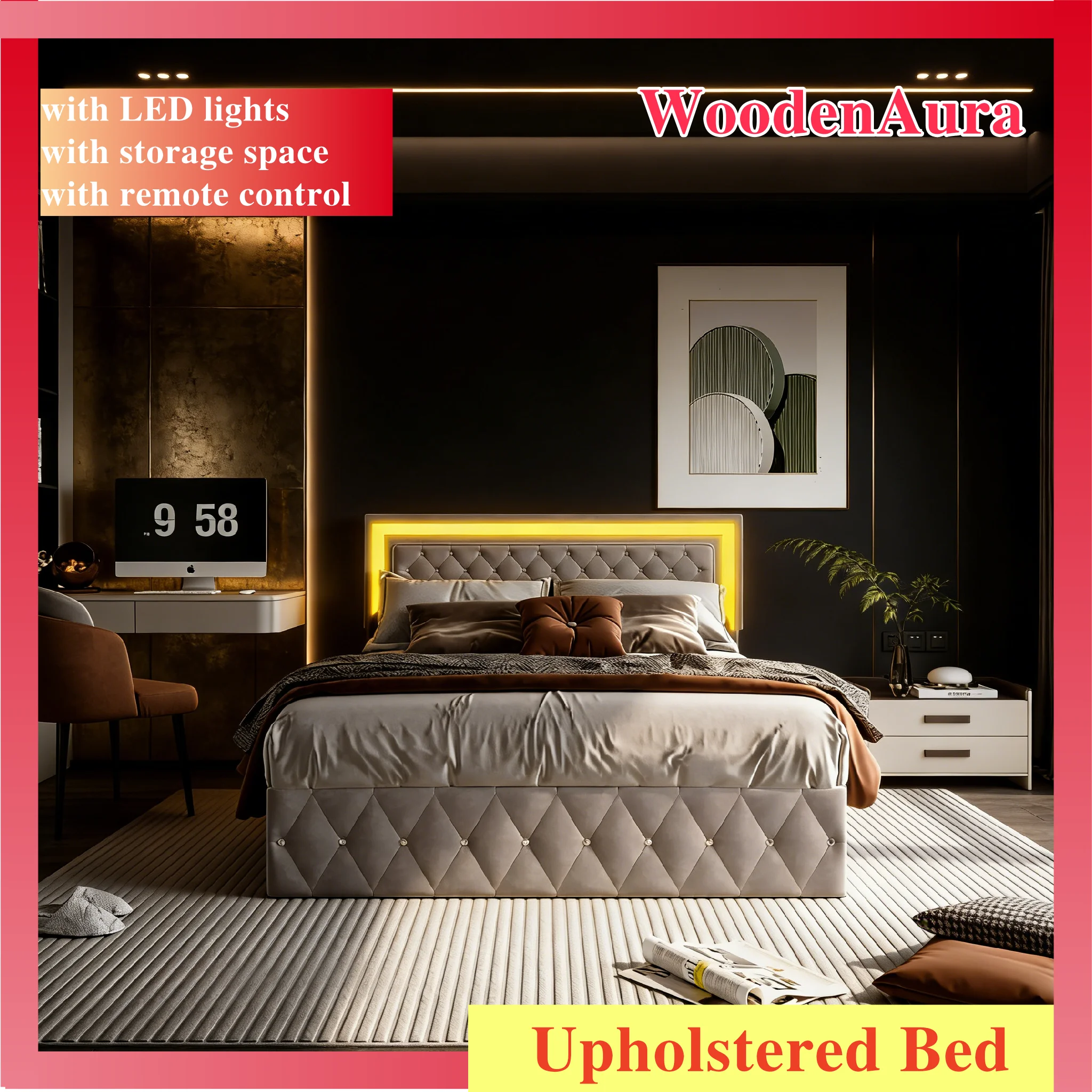 WoodenAura 140x200 cm großes Polsterbett, Doppelbett mit LED-Kopfteil, hydraulisches Stauraumbett mit Stauraum und Lattenrost Image