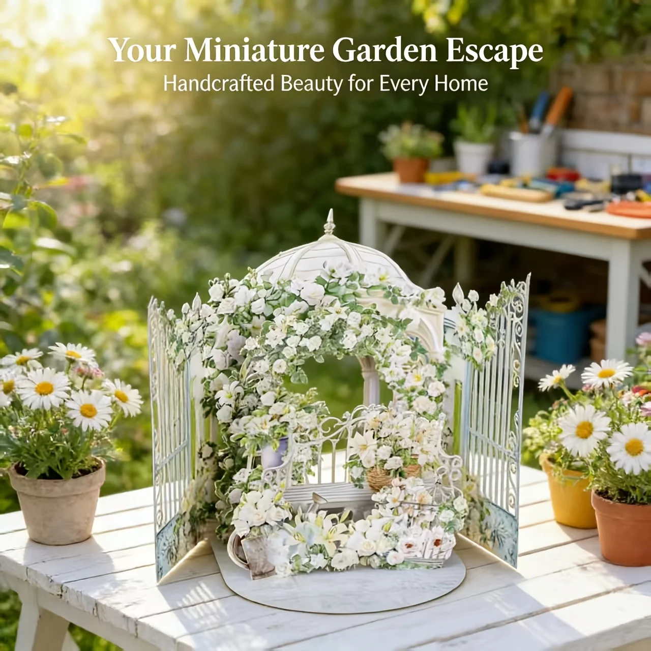 Weißer Rosengarten 3D Pop-up Grußkarte, Frühlings-Gänseblümchen-Garten, Perfekte Hochzeitseinladung mit Grünem Band, Geburtstagskarte Geschenk