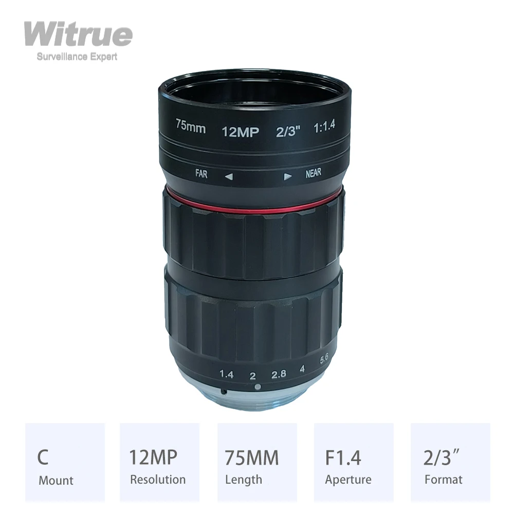 Witrue HD 4K-Objektiv, 12 MP, C-Mount, 75 mm Blendenöffnung, F1,4, Format 2/3 Zoll, für Überwachungs- und Sicherheits-CCTV-Kameras Image