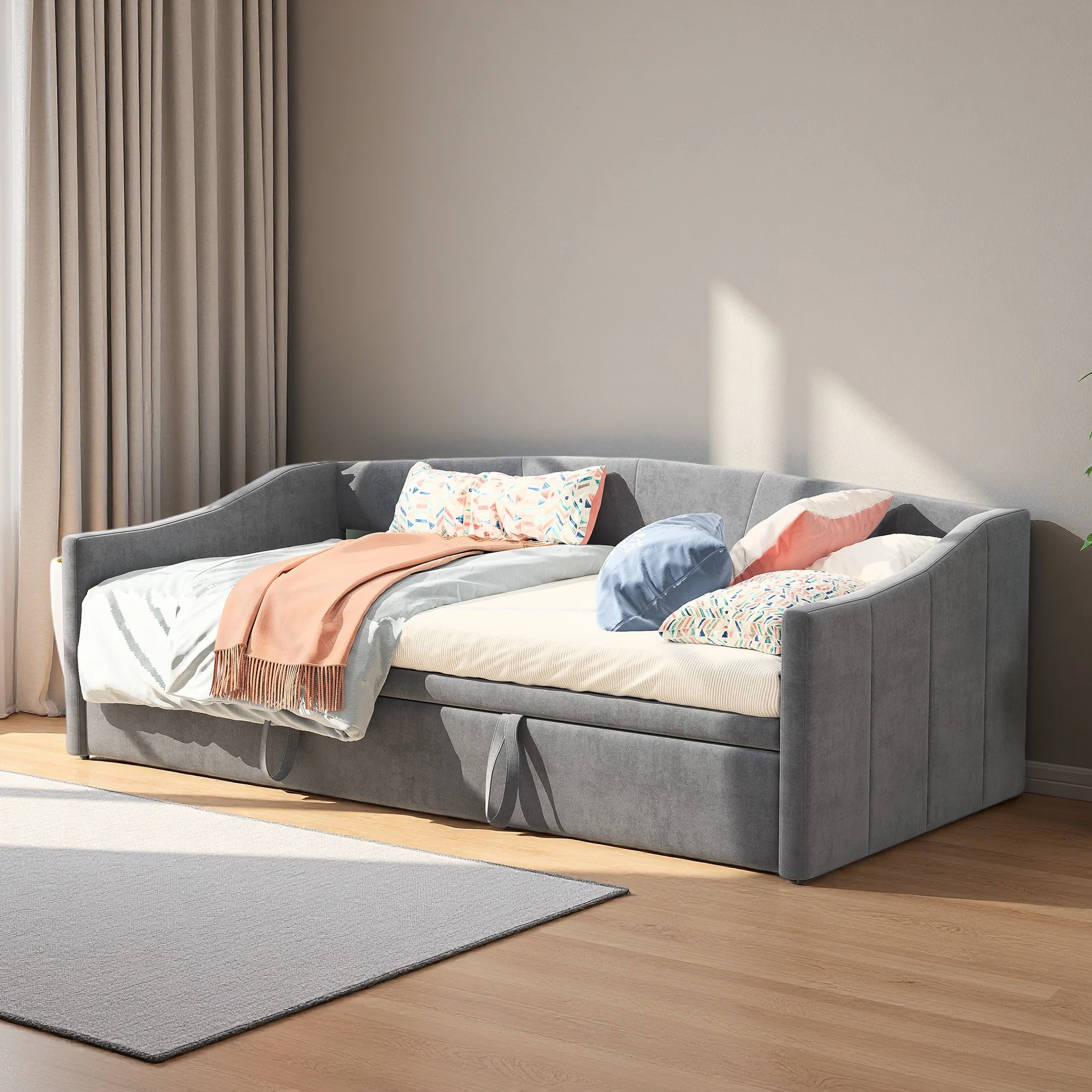 Rosahqnda Schlafsofa 90x200cm, 2-Sitzer Schlafsofa, 2-in-1 Ausziehsofa, Klappbar, Geeignet für Gästezimmer, Wohnzimmer, Grau, Samt