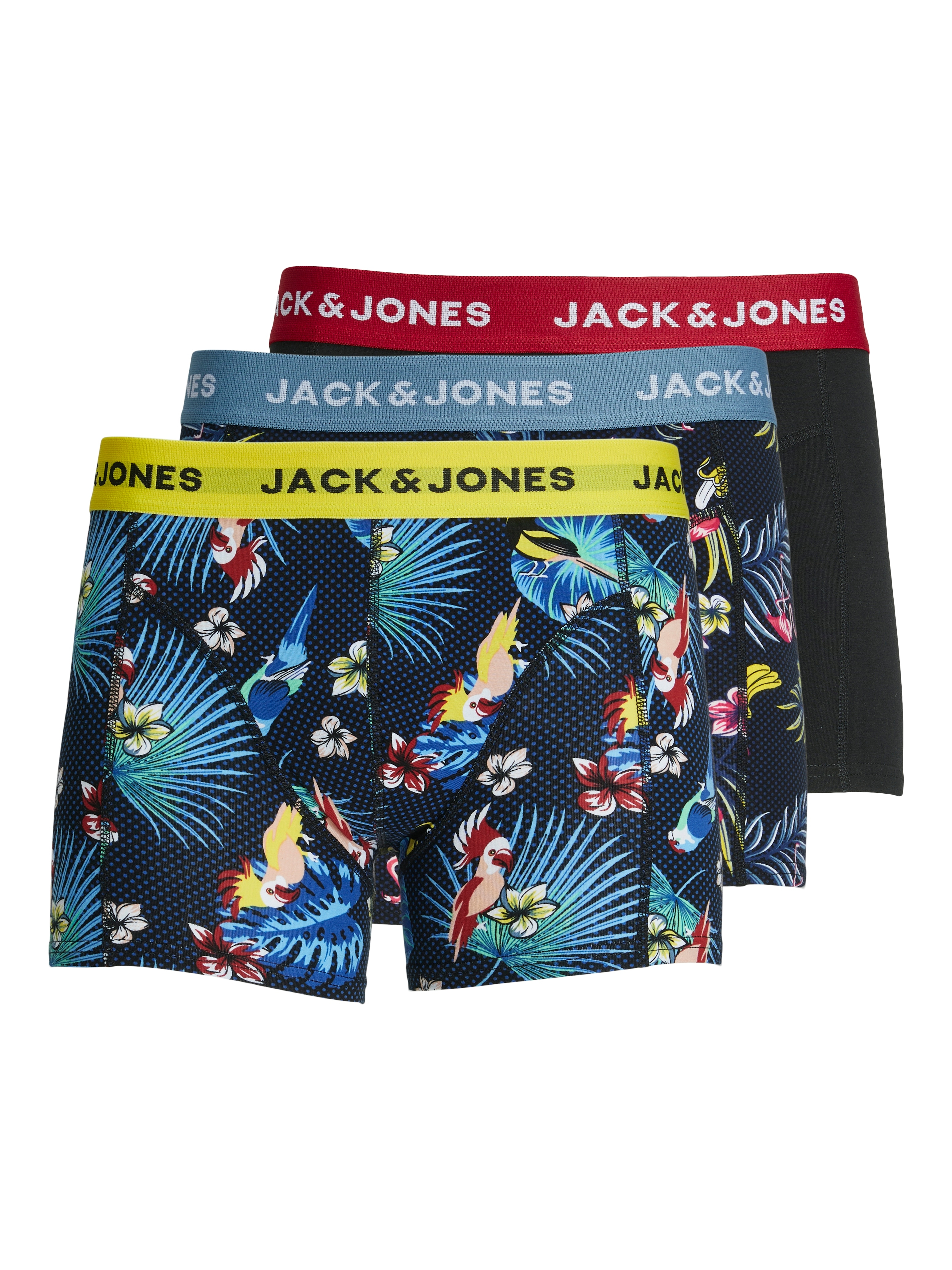 Trunk JACK & JONES "JACFLOWER BIRD TRUNKS 3 PACK NOOS", Herren, Gr. M, 3 Stk., blau (surf the web), Jersey, Obermaterial: 95% Baumwolle, 5% Elasthan, bedruckt, Unterhosen Image