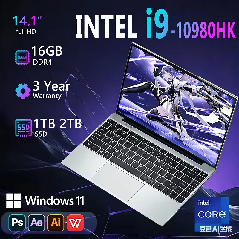 Tragbarer Intel Core i9 10980HK 14,1-Zoll-Notebook-Laptop mit Tasche, 16 GB DDR4, 1 TB/2 TB SSD, Windows 11, 4K, Office, Gaming-PC Image