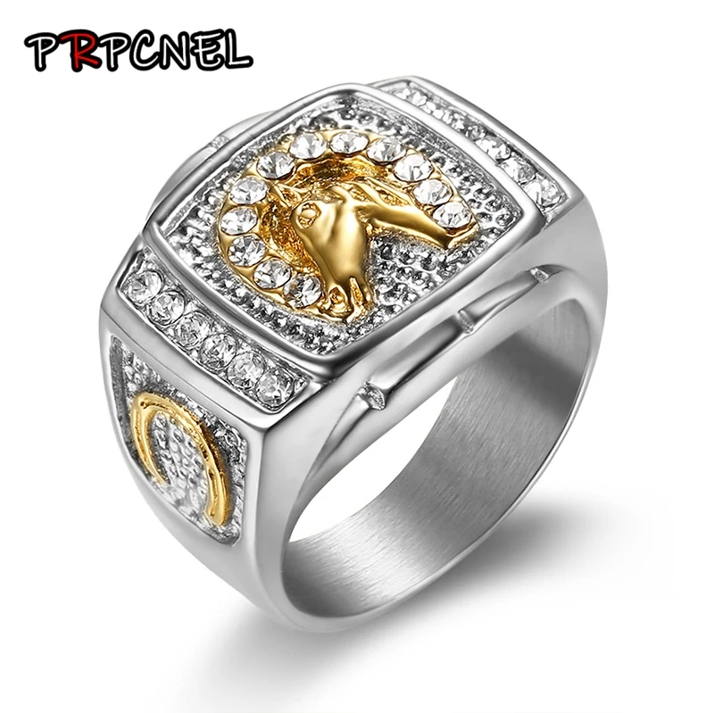 7 -15 größe Tier Pferd Titan Stahl Gold Silber Farbe Klar CZ Männer Ring Hochzeit Schmuck Punk Rock Männlich biker Band Hip Hop