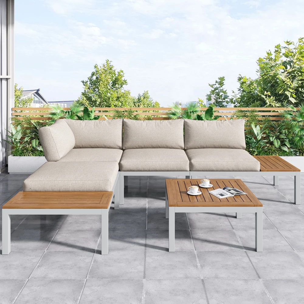 Garten-Loungesessel-Set, Gestell aus verzinktem Stahl, Tischplatte aus Akazienholz, Stoffbezug für die Rückenlehne, Beige Image