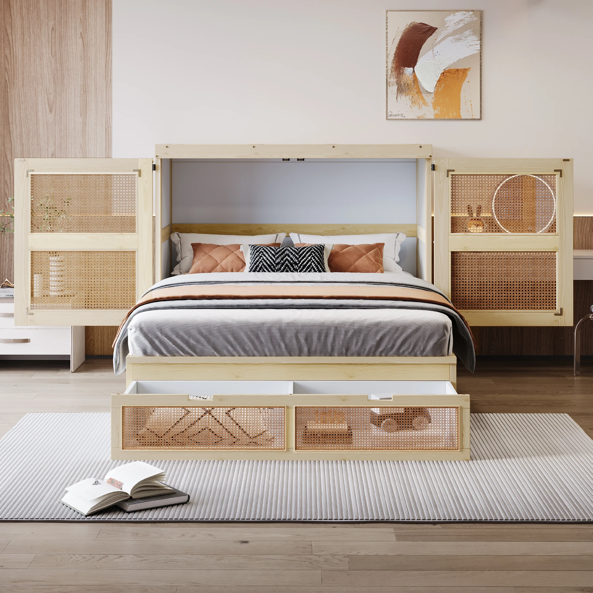 KOMHTOM Holzfarbenes Schrankbett 140x200 cm Wandklappbett mit Lattenrost und Stauraumschubladen Rattan Design Holz Einzelbett Image