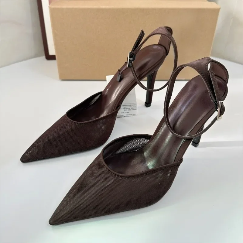 Frühling Sexy Ankle Strap Spitz Pumpen Frau Sandalen Braun Mesh Stiletto Heels Design Damen Kleid Party Schuhe