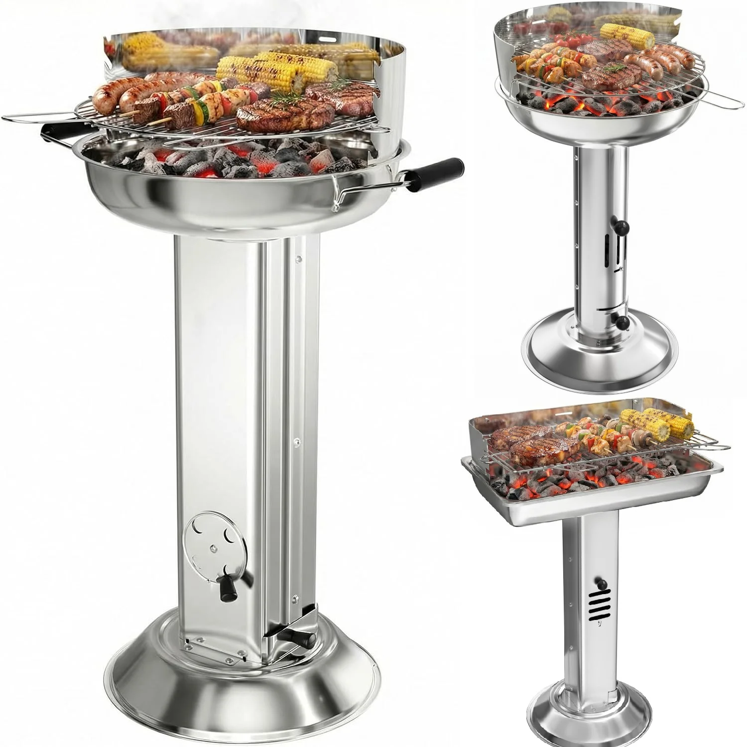 Wetterfester Edelstahl-Holzkohlegrill, Standgrill, Höhenverstellbarer Verchromter Grillrost, Aschekasten & Belüftung Image