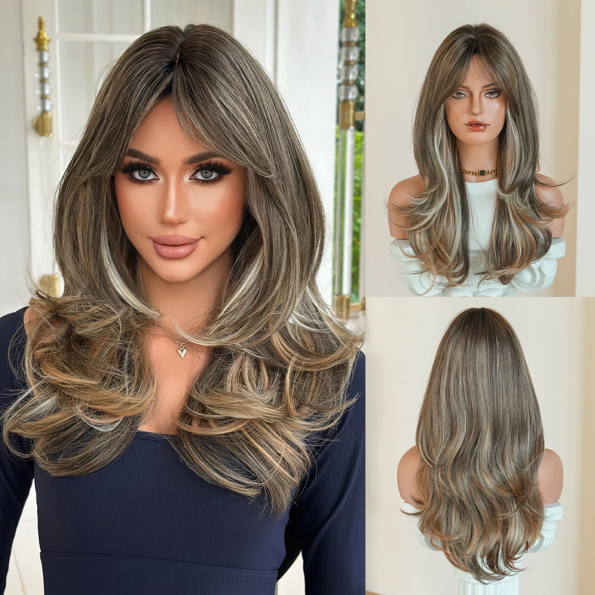 NAMM Neue Modische Lange Wellige Hellbraune Perücke mit Naturgetreuer Optik, Hochwertige Dunkle Ansätze, Synthetische Flauschige Lockige Perücken Image