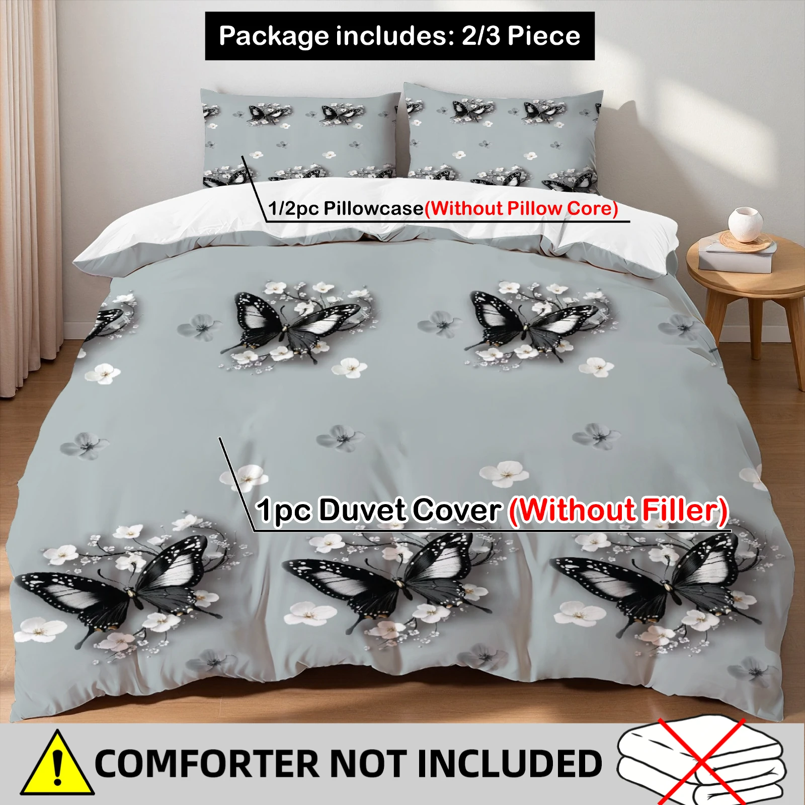 Elegantes Schmetterlings-Bettbezug-Set, 3-teilig, Grau Schwarz Weiß, Bettwäsche-Set mit 2 Kissenbezügen, ohne Füllung, weiche Mikrofaser, alle Größen, Heim-Deko