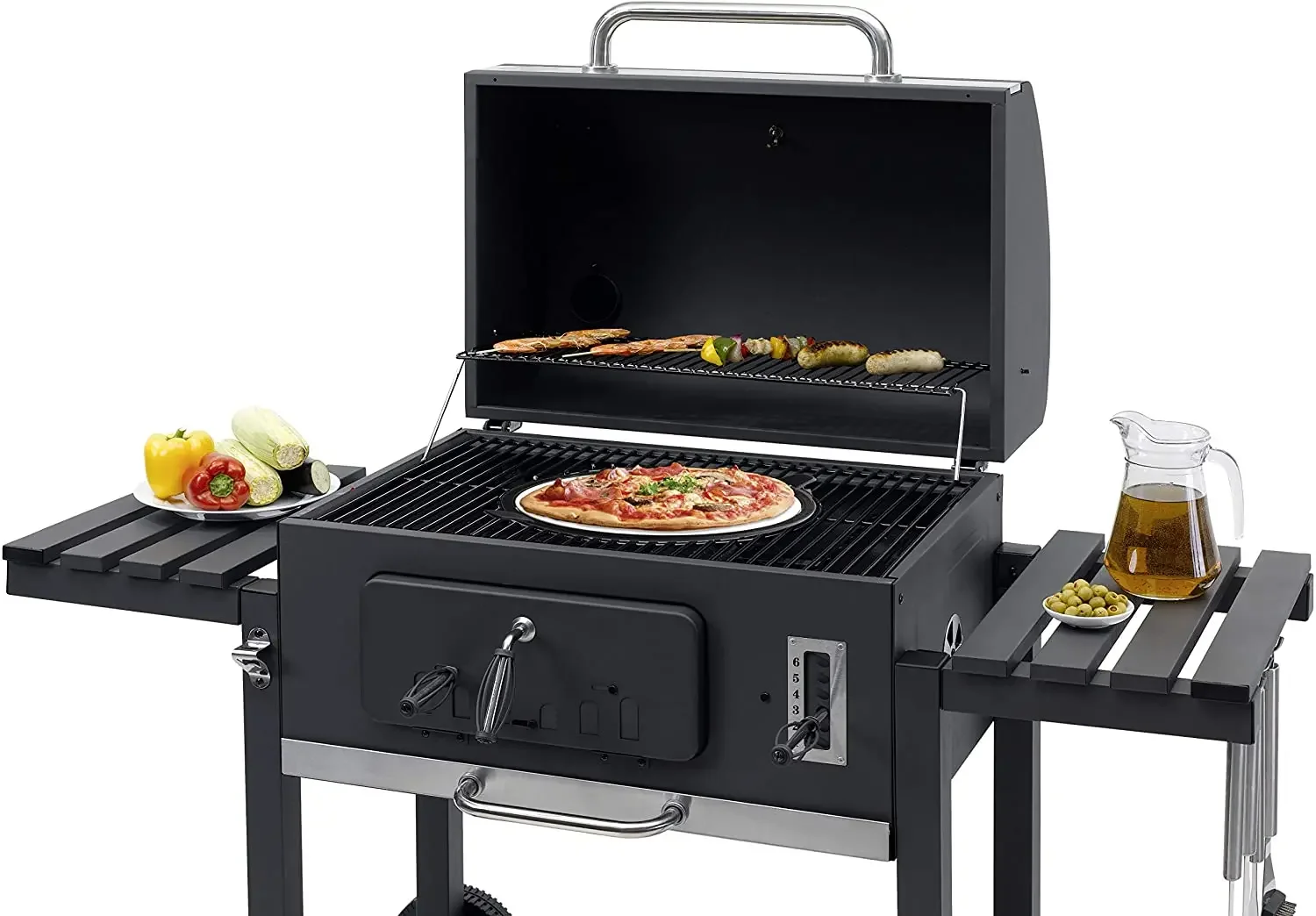 Extra Große Holzkohle-Grills, Outdoor-Barbecue-Grill mit Zwei-Zonen-System und Individuell Einstellbarem Holzkohle-Tablett Klappbarer Seitentisch Image