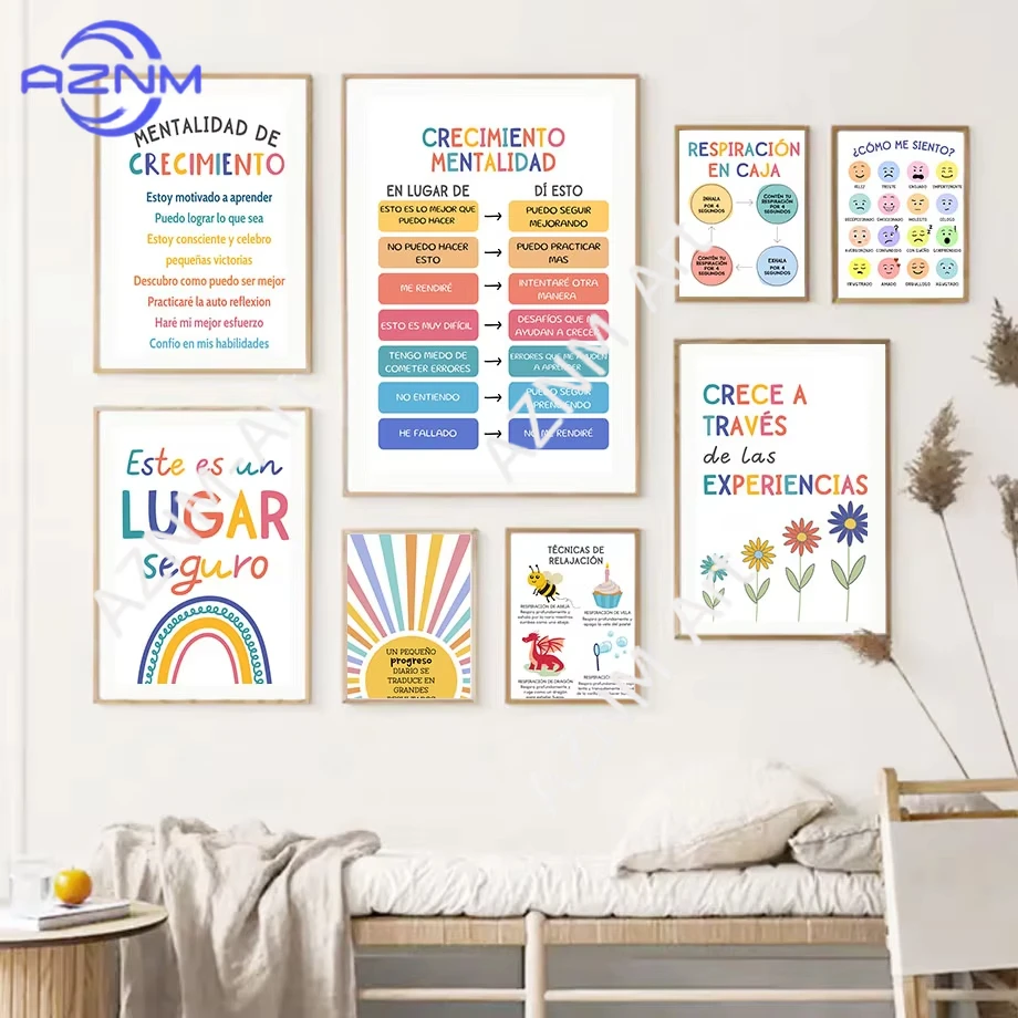 1 Stück Spanisches Bildungsmotto Regenbogen-Sonnenschein Wandkunst Leinwanddruck Nordische Poster und Drucke Cartoon-Bild Kinderzimmer-Deko
